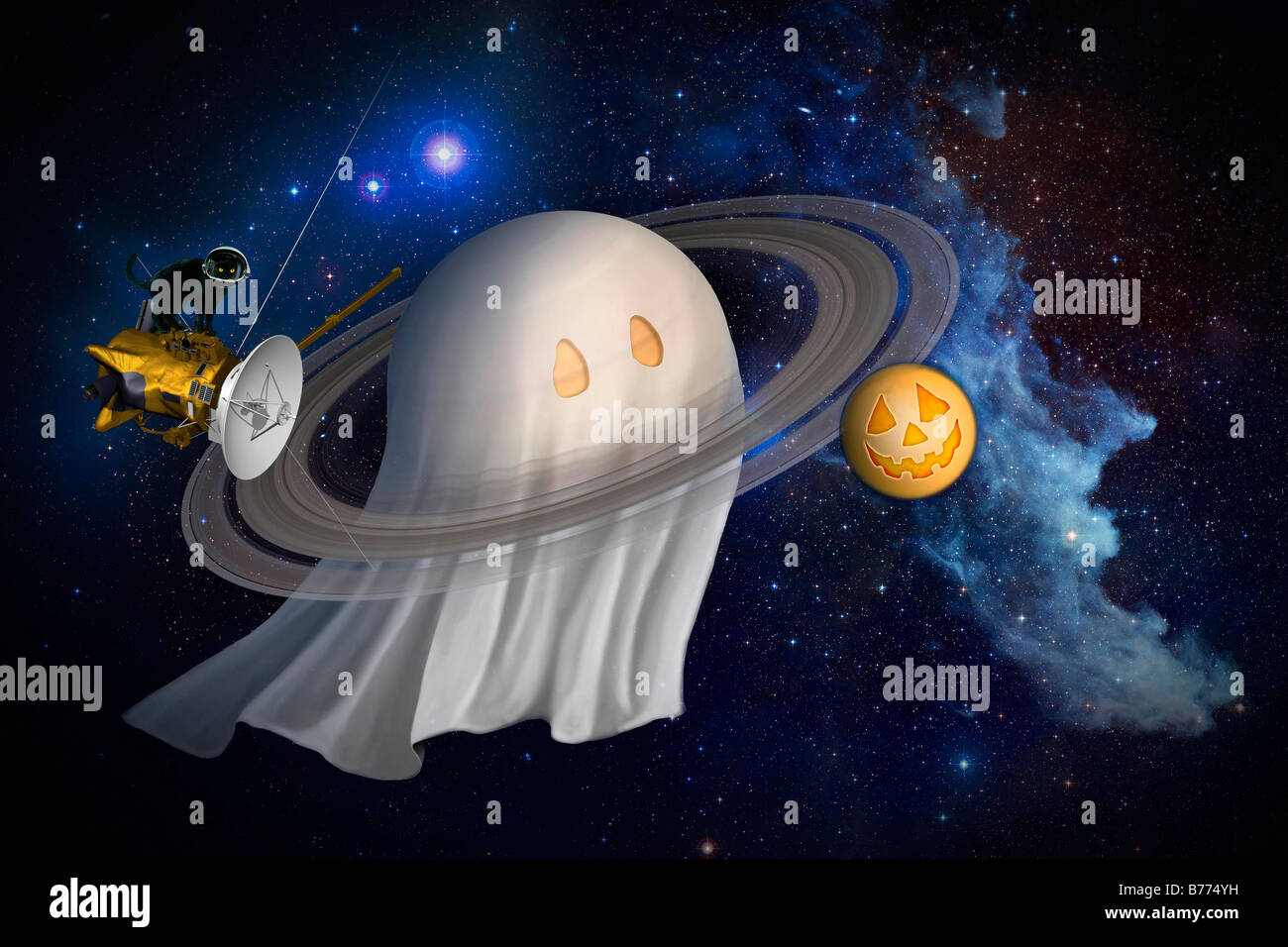 L'artista halloween illustrazione di Cassini e Saturno, come la nuova missione Equinox a Saturno inizia. Foto Stock