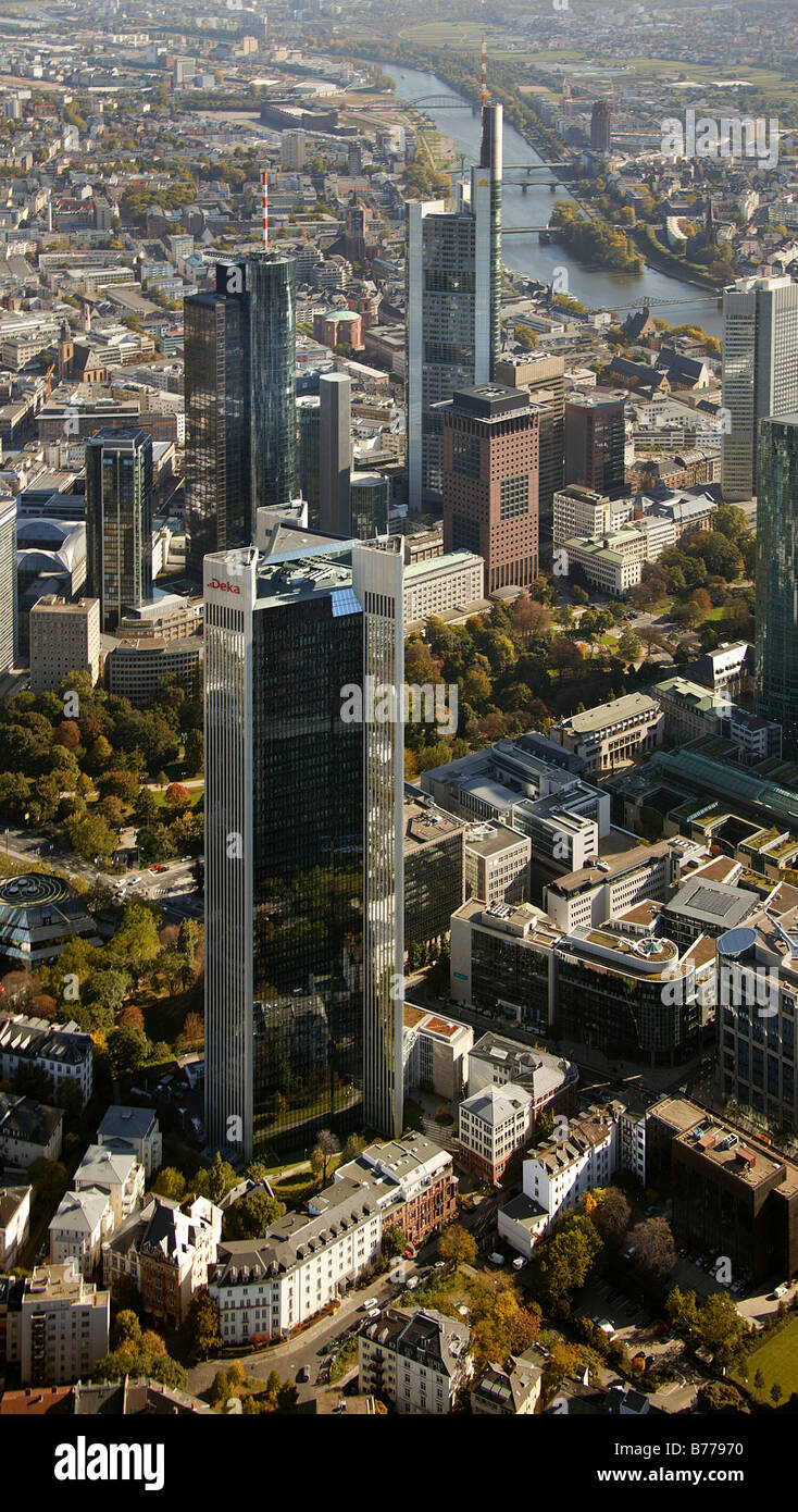 Vista aerea Deka Bank, grattacieli, il Quartiere Finanziario, Città, skyline, Frankfurt am Main, Hesse, Germania, Europa Foto Stock