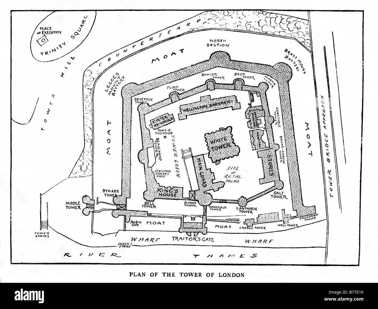 Torre di Londra 1885 piano del layout del simbolo di Londra come era in Epoca Vittoriana Foto Stock
