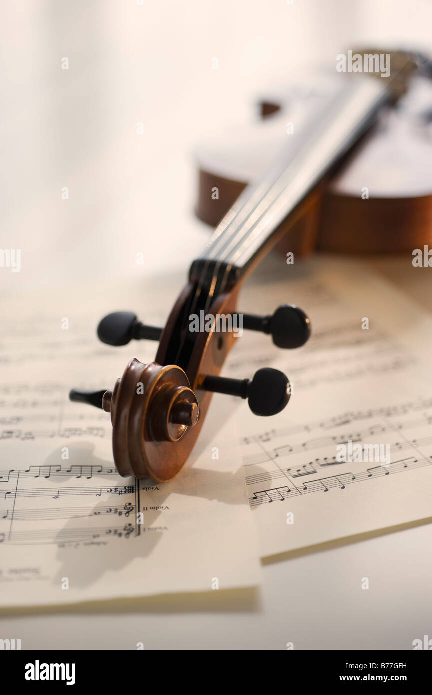 Violino la posa sul foglio di musica Foto Stock