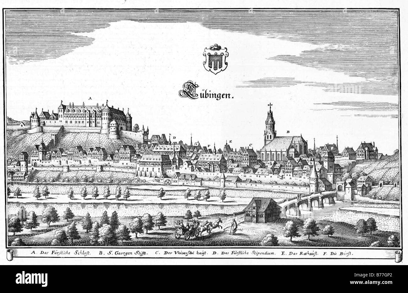 Incisione su rame dal programma Matthaeus Merian, da circa 1650, Tuebingen, Baden-Wuerttemberg, Germania, Europa Foto Stock