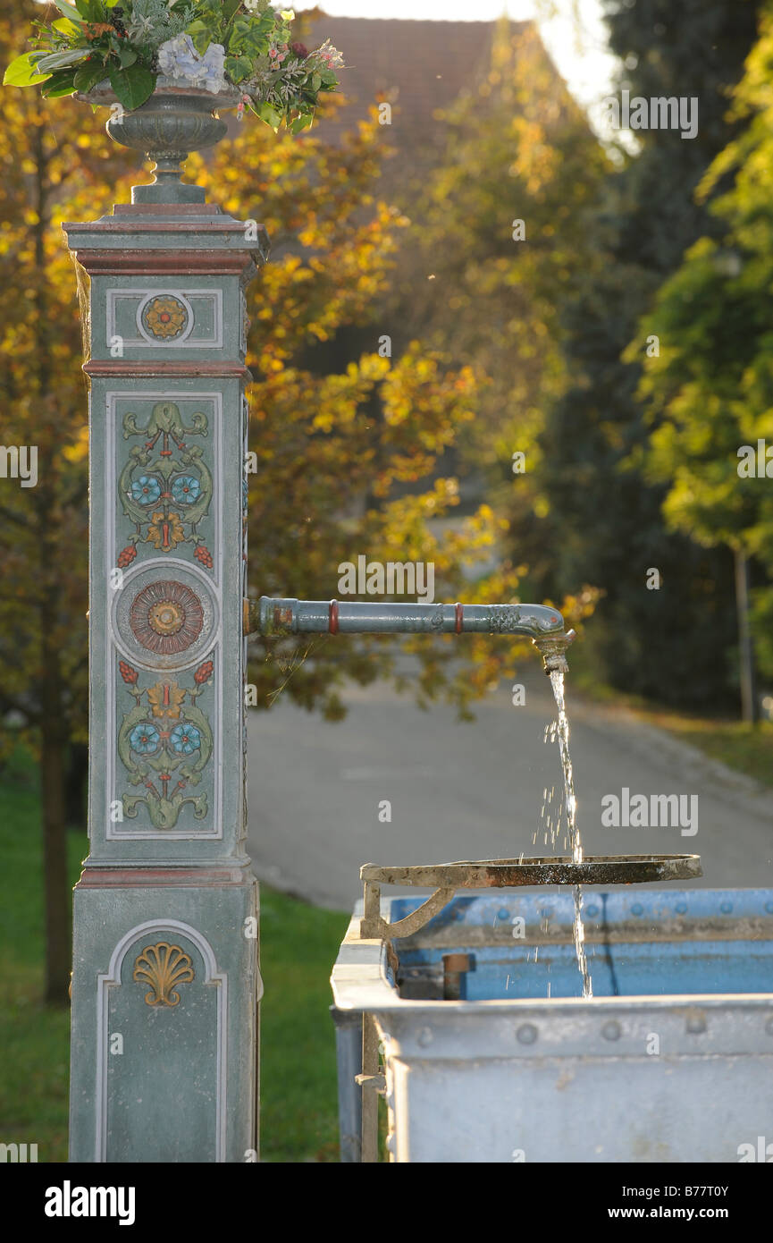 Villaggio verniciato fontana, pittoresco, situato in un quartiere di Siegelhausen nei pressi di Marbach sul Neckar, Baden-Wuerttemberg, Germania, Europa Foto Stock