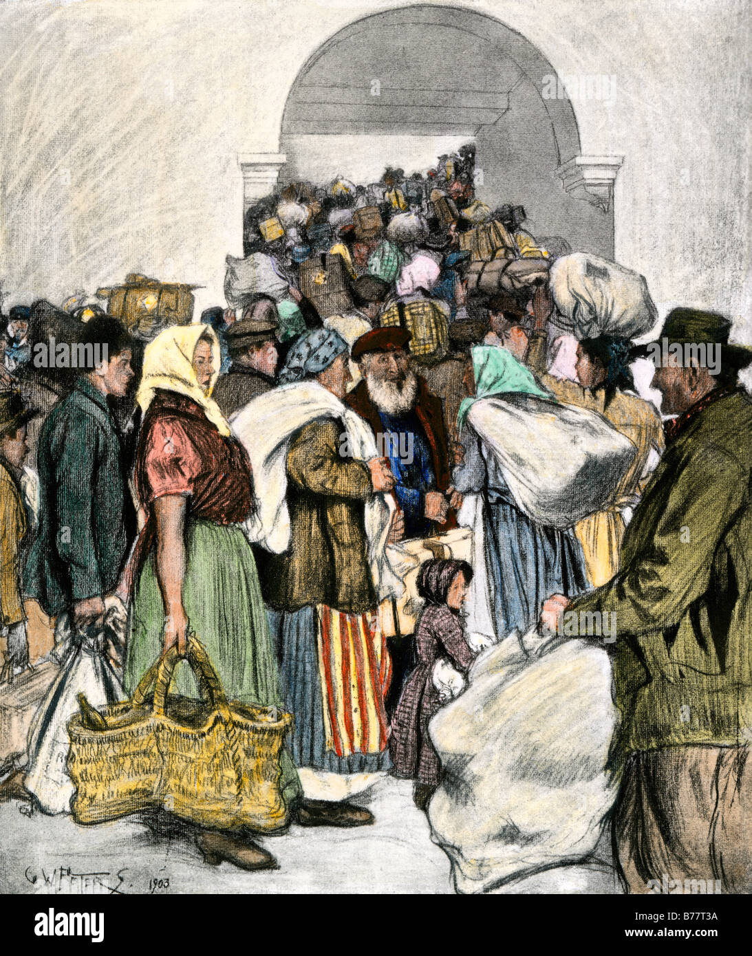 Comunità di immigrati che arrivano ad Ellis Island in New York City 1903. Colorate a mano di mezzitoni una illustrazione Foto Stock