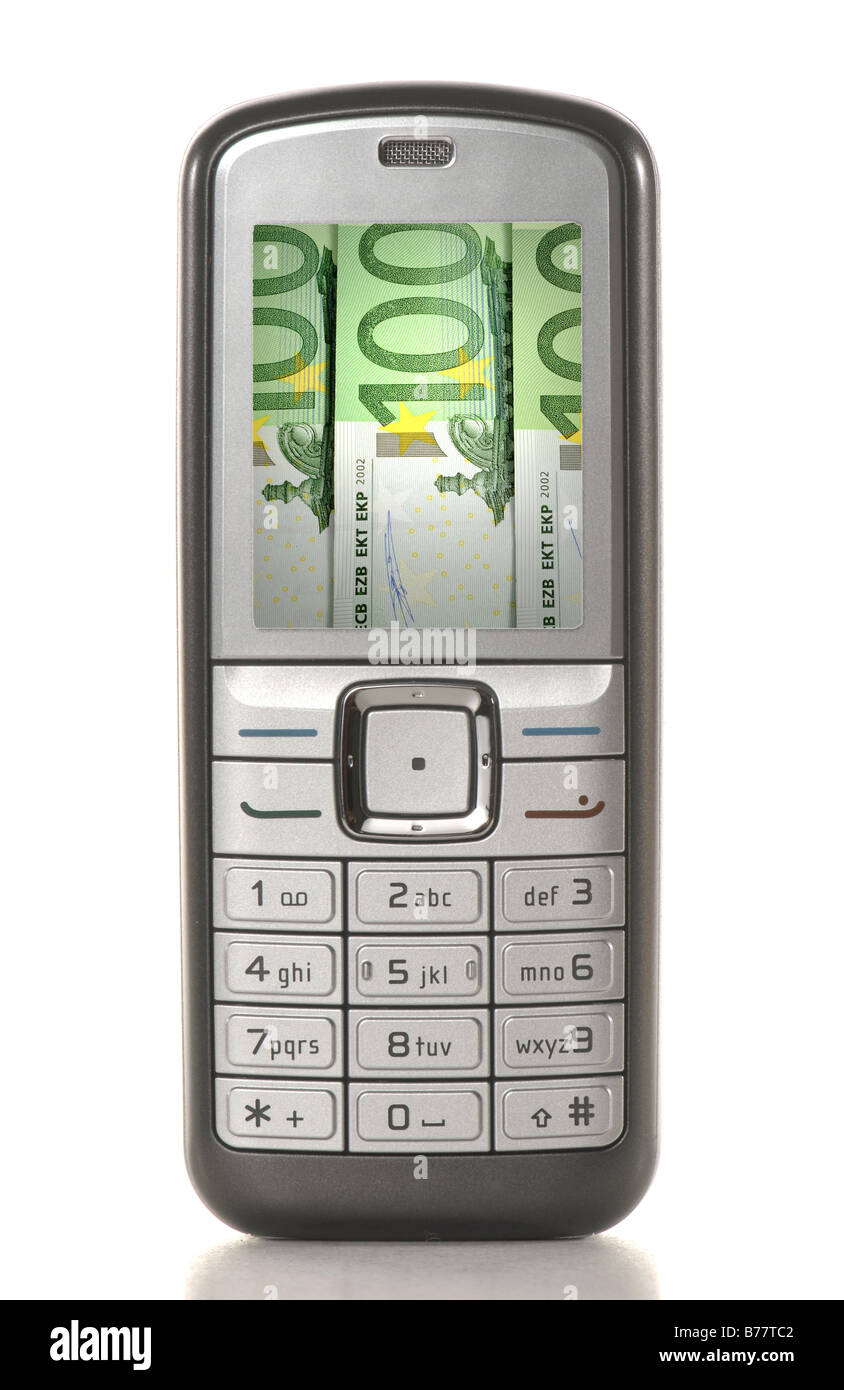 Telefono cellulare con le banconote in euro sul suo schermo, simbolo per aumentare i costi del telefono Foto Stock