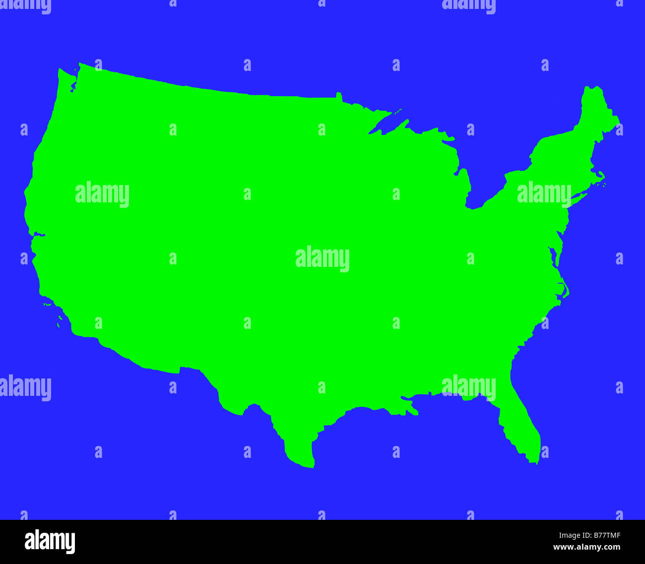 Stati Uniti d'America mappa di contorno in verde isolato su sfondo blu Foto Stock