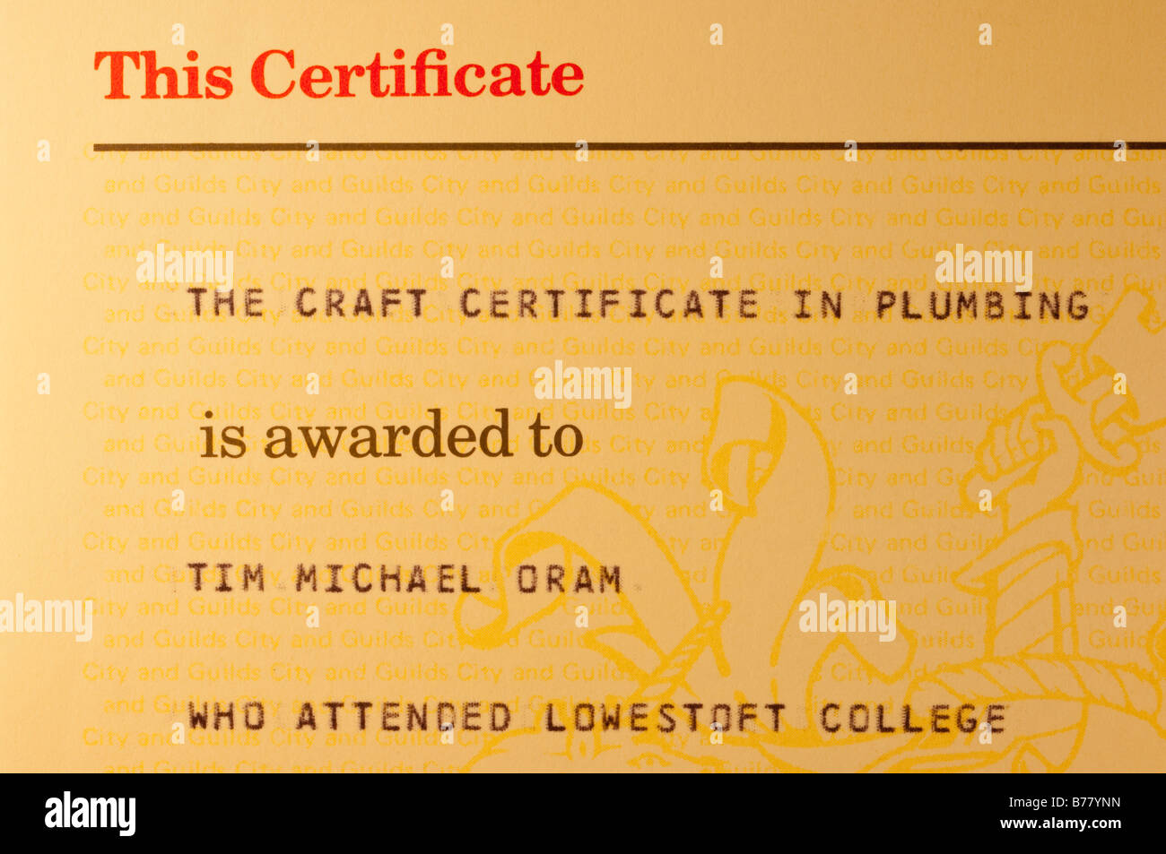 Il certificato di artigianato in campo idraulico rilasciato dalla città e corporazioni di Londra Istituto per passare gli esami per essere un idraulico Foto Stock