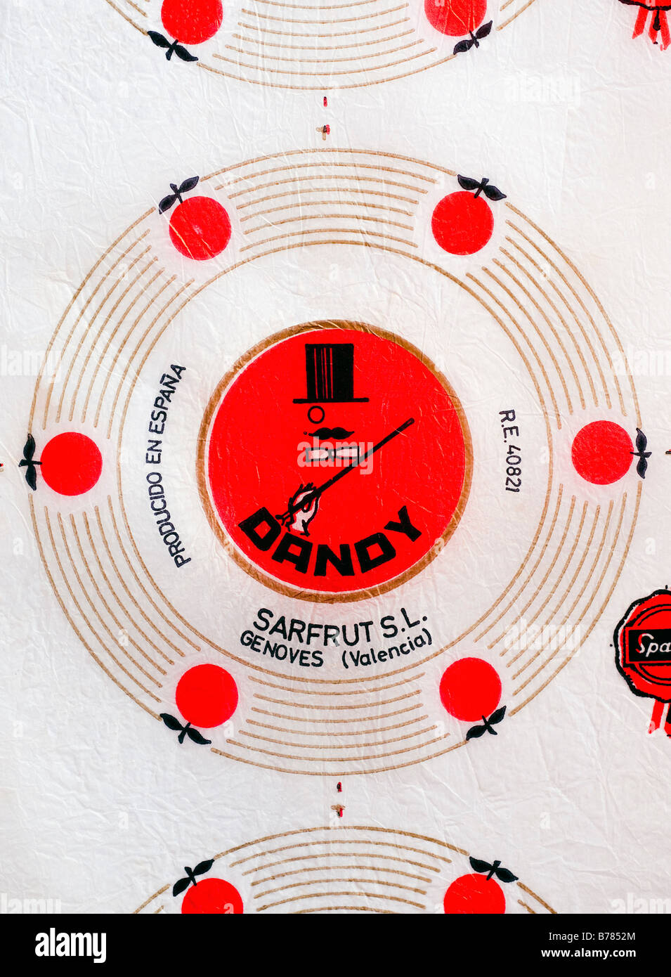 Figurati stampato / agrumi wrapper da Spagna - Dandy illustrazione su carta velina. Foto Stock