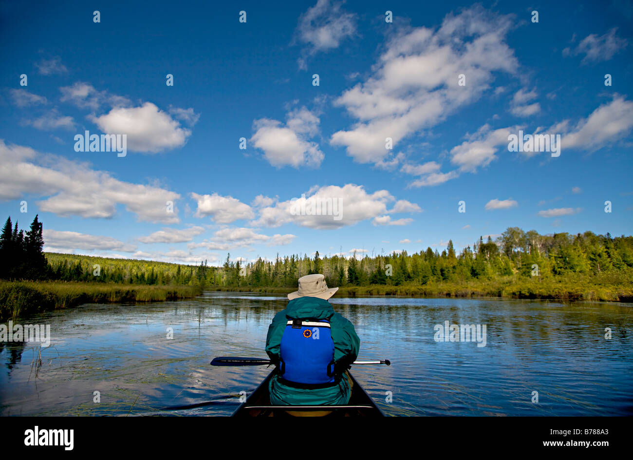 Canoa a un nuovo luogo di pesca in acque di confine Area di Canoa deserto in Superior Foresta Nazionale del Minnesota. Foto Stock