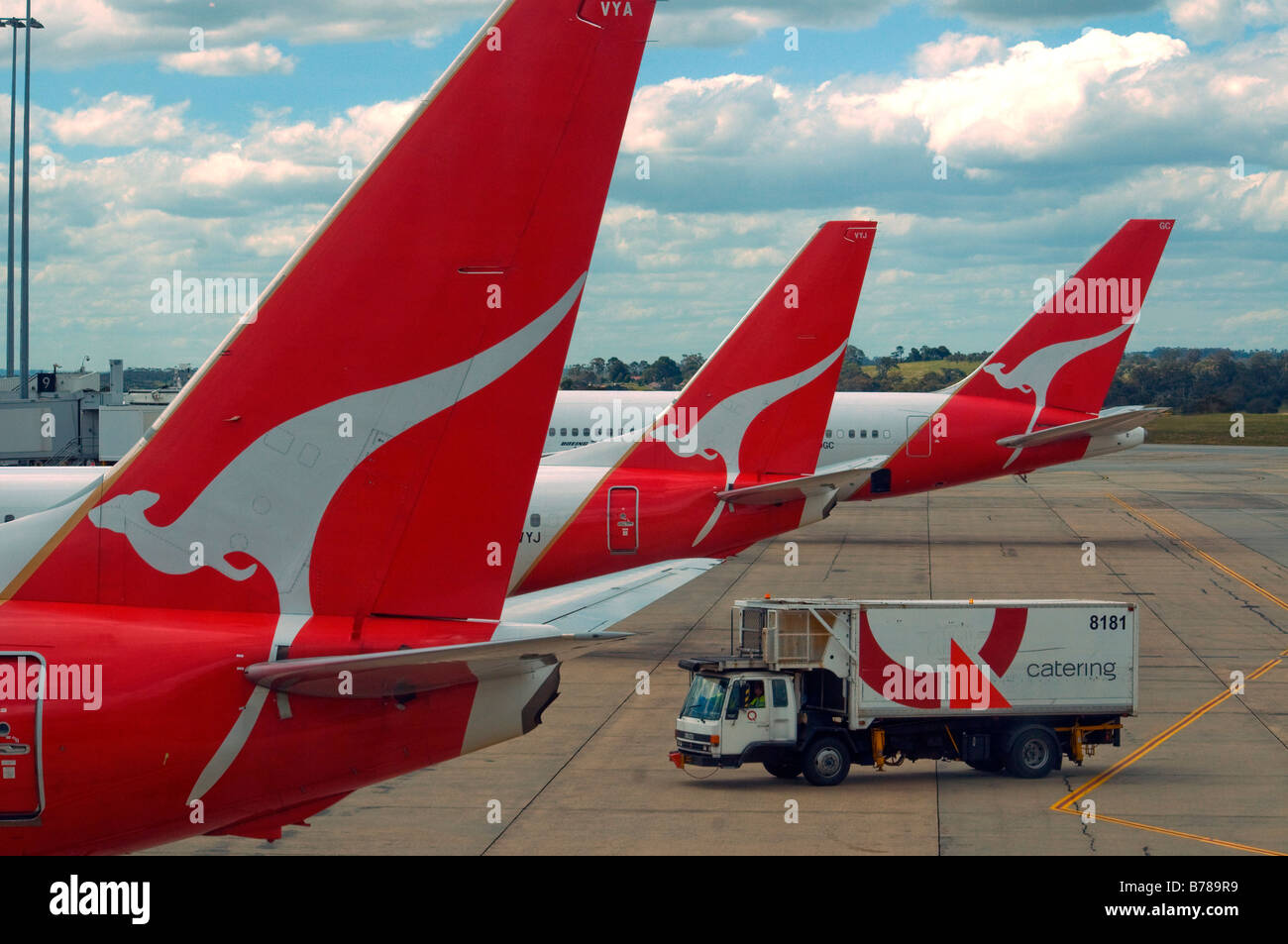 Catering van manutenzione Qantas aviogetti Boeing a Melbourne Tullamarine Airport Foto Stock