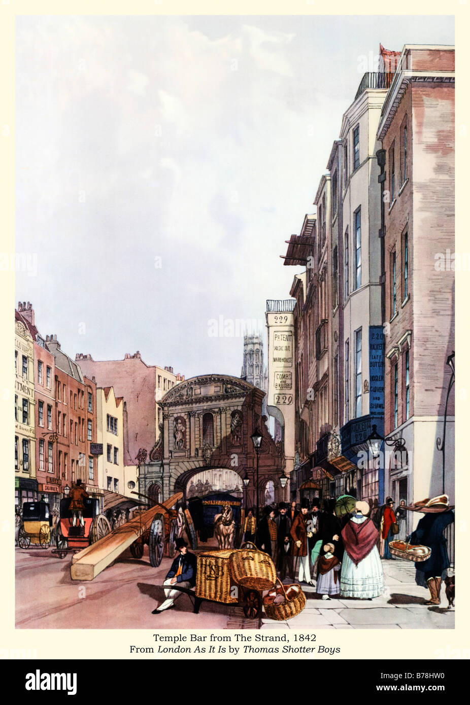 Temple Bar da Strand 1842 acquerello da Thomas Shotter Boys della porta occidentale di Londra smantellata nel 1878 Foto Stock