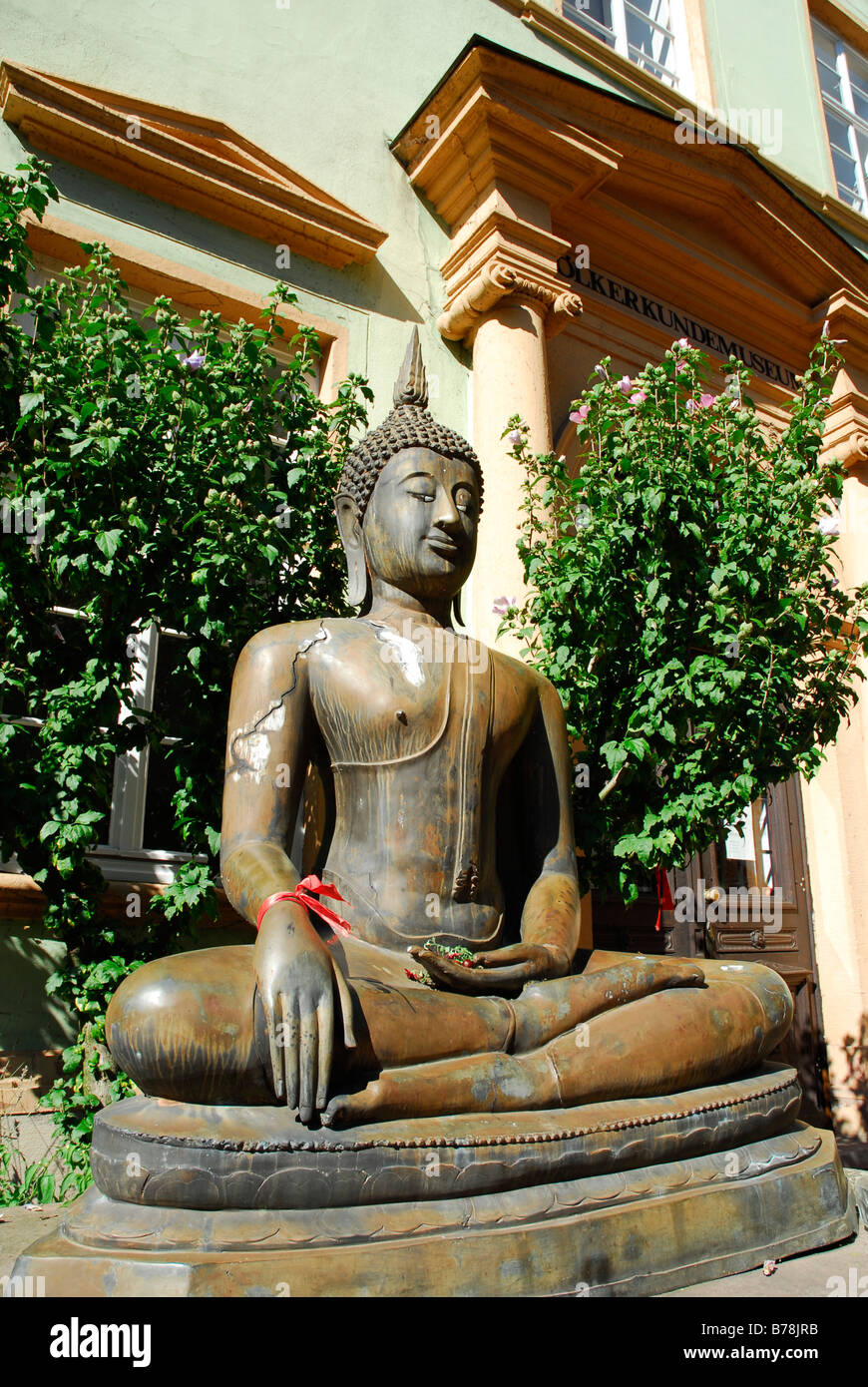 Statua del Buddha di fronte al museo etnologico nel centro storico di Heidelberg, Valle del Neckar, Baden-Wuerttemberg, germe Foto Stock