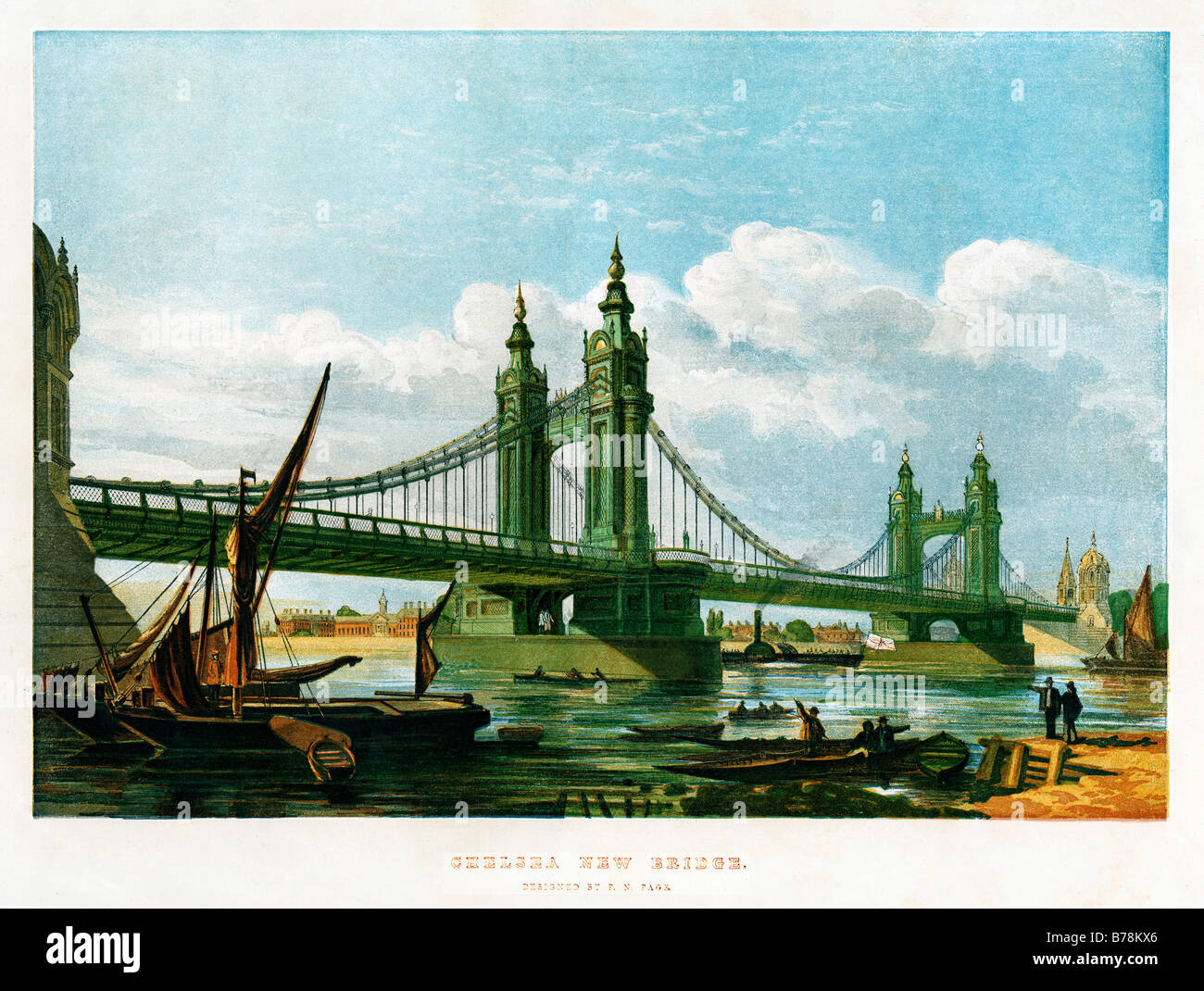 Nuovo Chelsea Bridge Stampa Vittoriano del ponte sul Fiume Tamigi progettato da Thomas Pagina e aperto nel 1858 Foto Stock