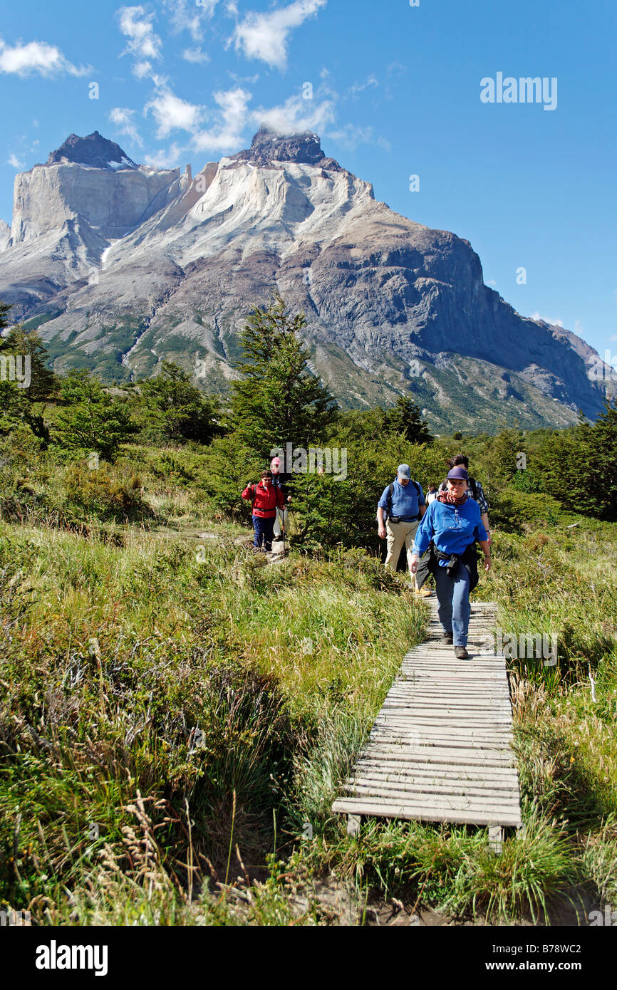 Gli escursionisti nella Valle del Frances, Parco Nazionale Torres del Paine, Patagonia, Cile, Sud America Foto Stock