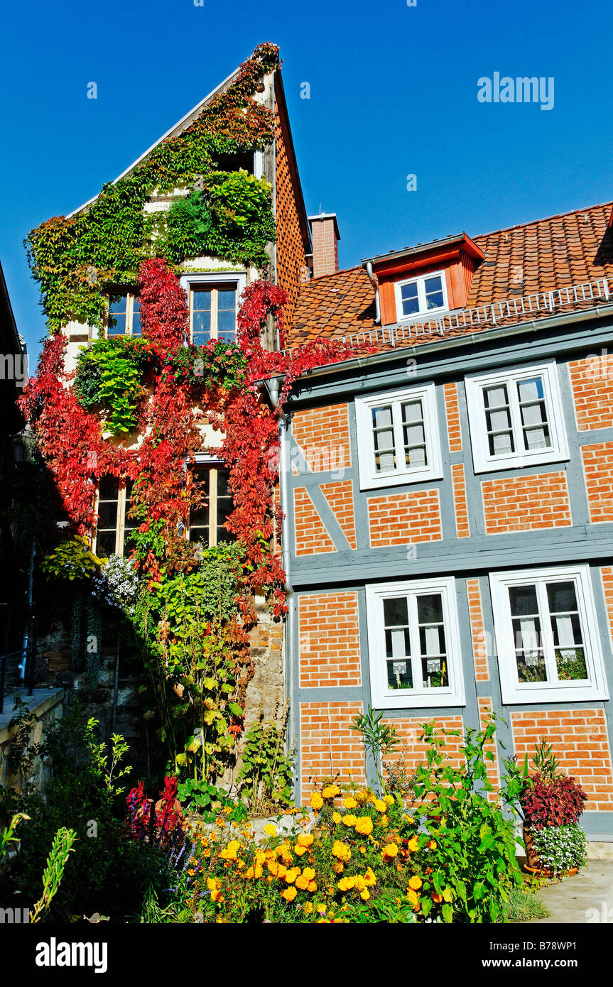 Ricoperta in legno e muratura edifici, Quedlinburg, Sito Patrimonio Mondiale dell'UNESCO, Sassonia-Anhalt, Germania, Europa Foto Stock