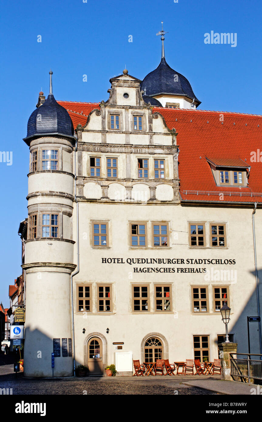 Hotel nella città di Quedlinburg, Castello di Quedlinburg, Sito Patrimonio Mondiale dell'UNESCO, Sassonia-Anhalt, Germania, Europa Foto Stock