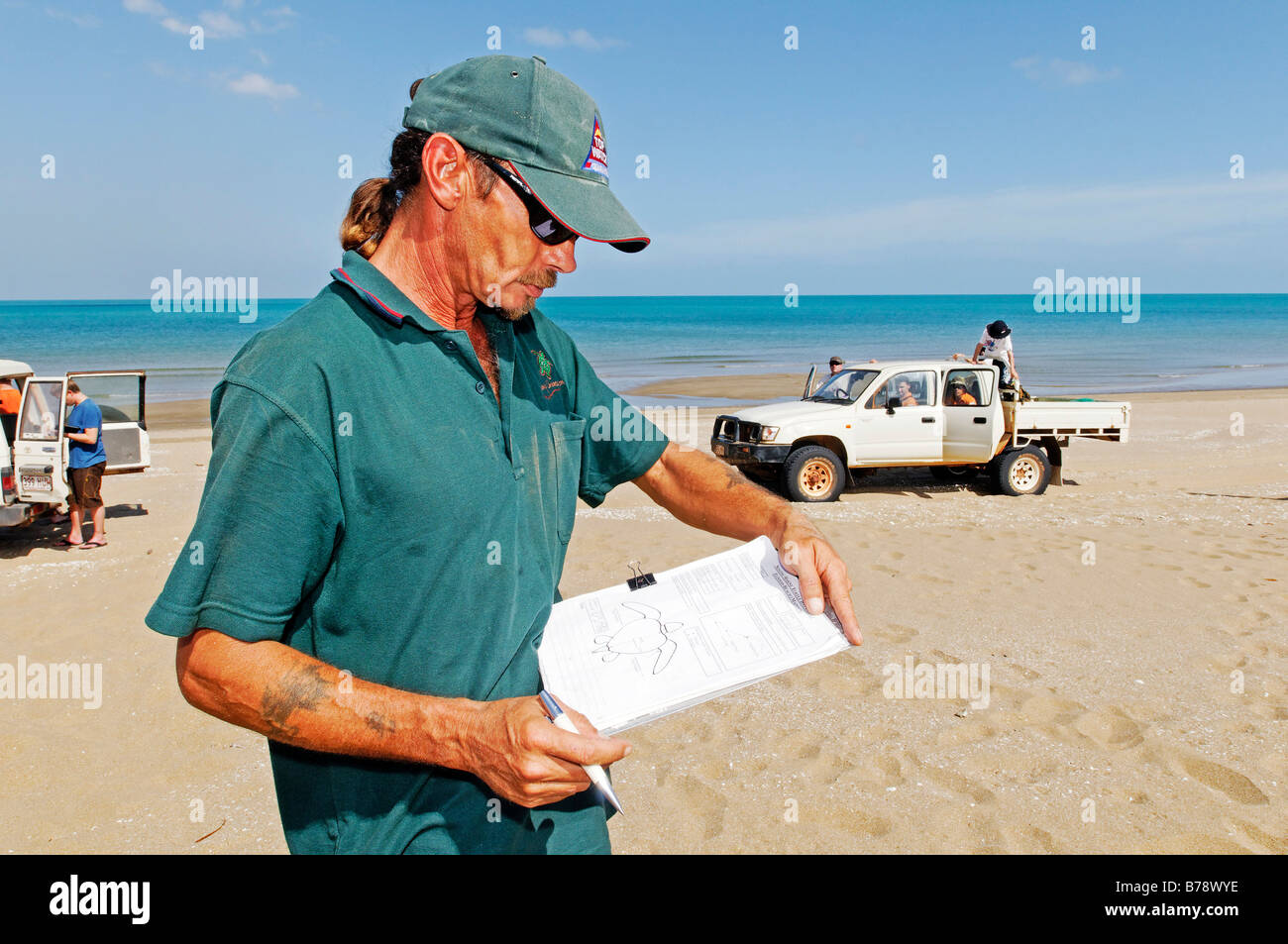 Ranger del Parco scrivere le informazioni di una tartaruga di mare (famiglia Cheloniidae), Cape York Turtle Rescue, Mapoon, Cape York Peninsula, Regina Foto Stock