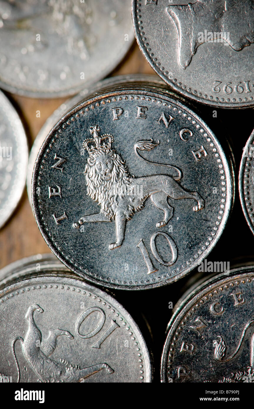 Pile di UK 10p pence monete - Valuta Sterlina Foto Stock