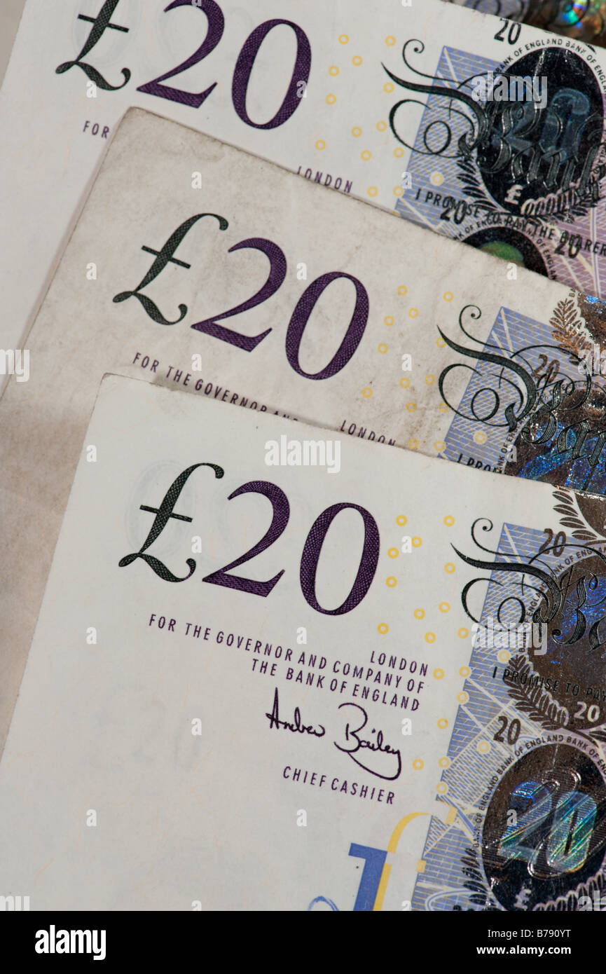 UK Regno Unito £ 20 venti pound banconote in contanti in valuta sterlina denaro bollette quid quids inglese british gran bretagna Foto Stock