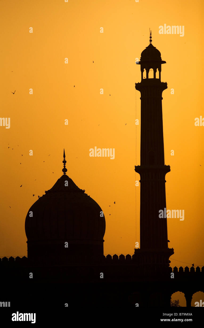 Tramonto sul Jama Masjid di Delhi, India. La Jama Masjid è la più grande moschea in India ed è stato costruito da Shahjahan. Foto Stock