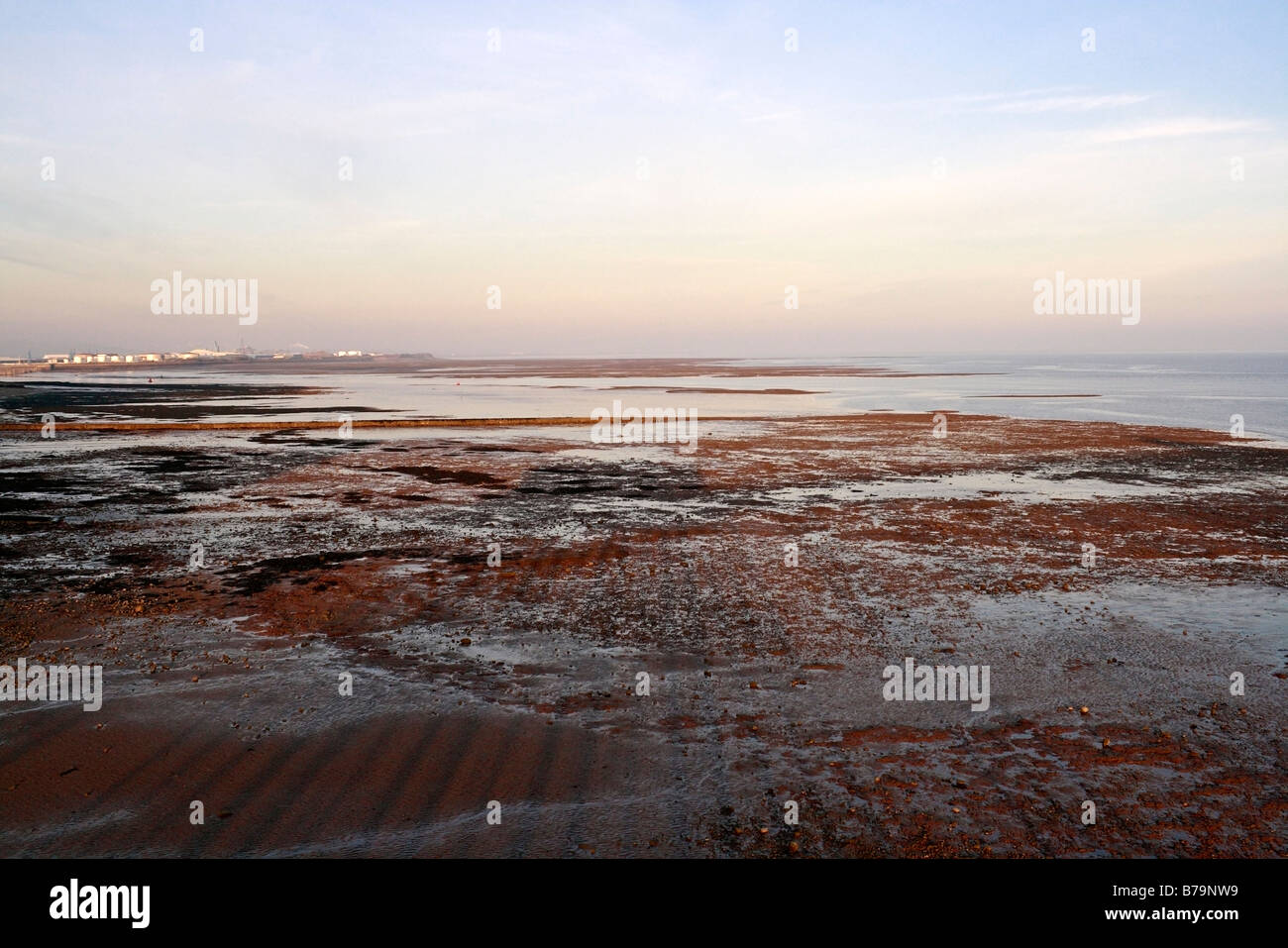 Bassa marea paesaggio estuario di Severn scena invernale Penarth Pier Galles Regno Unito, costa gallese costa britannica vista panoramica della spiaggia del mare, luce naturale Foto Stock