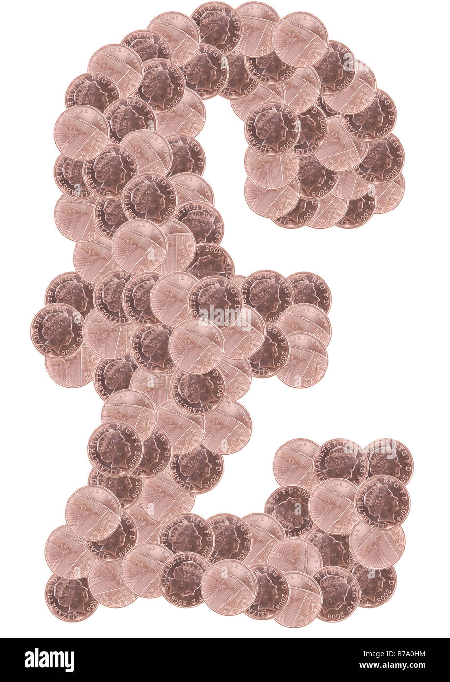 Simbolo della libbra fatto da cento monete di un centone del penny disposte nella forma del segno della libbra isolato su bianco. Foto Stock