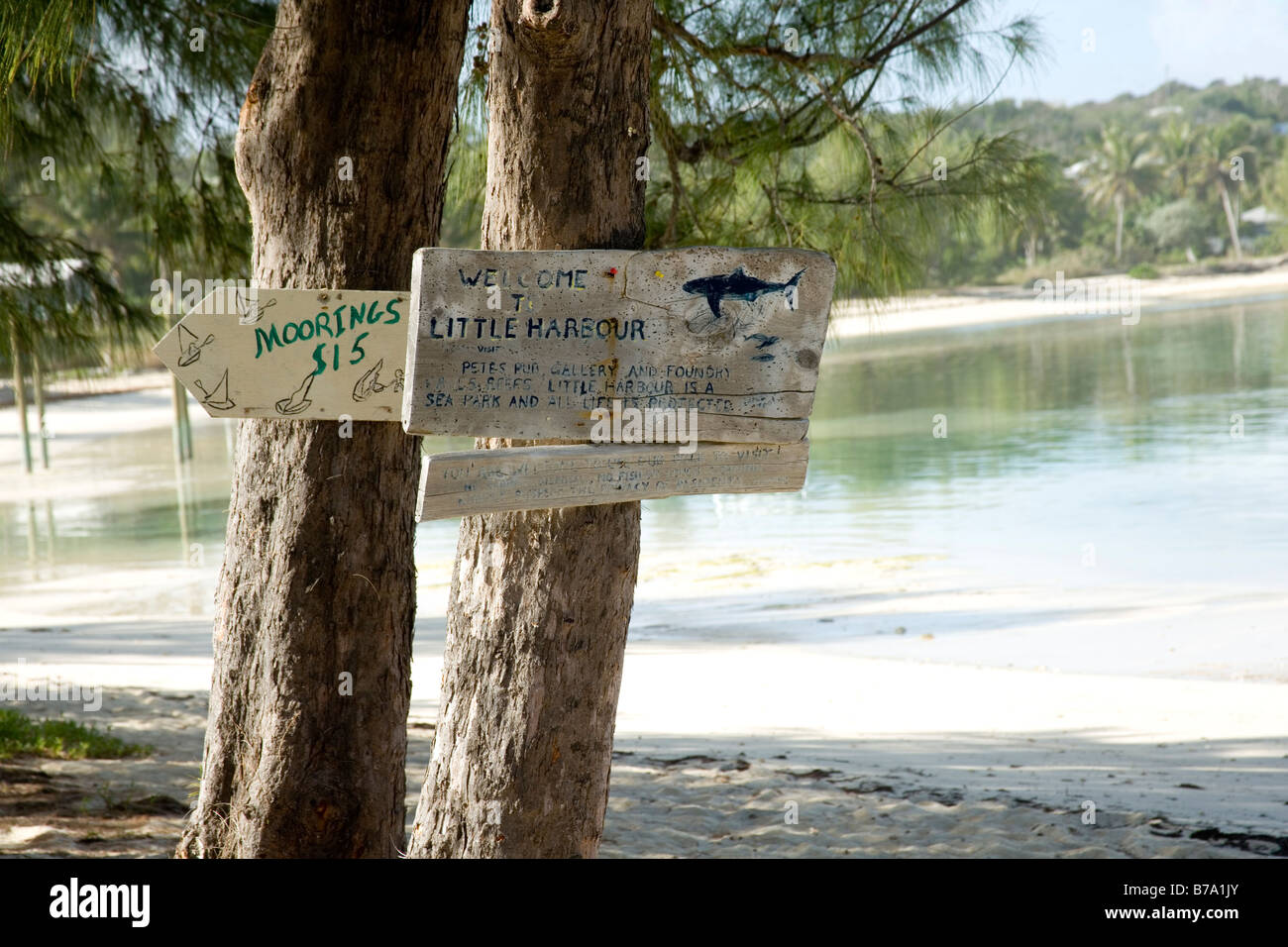 Segno per il piccolo porto inchiodato ad albero, Porticciolo, Abaco, Bahamas Foto Stock