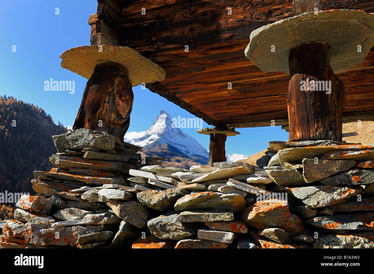 Un tipico Walliser spycher, storage shed, sullo sfondo del Cervino, Zermatt, Vallese, Svizzera, Europa Foto Stock