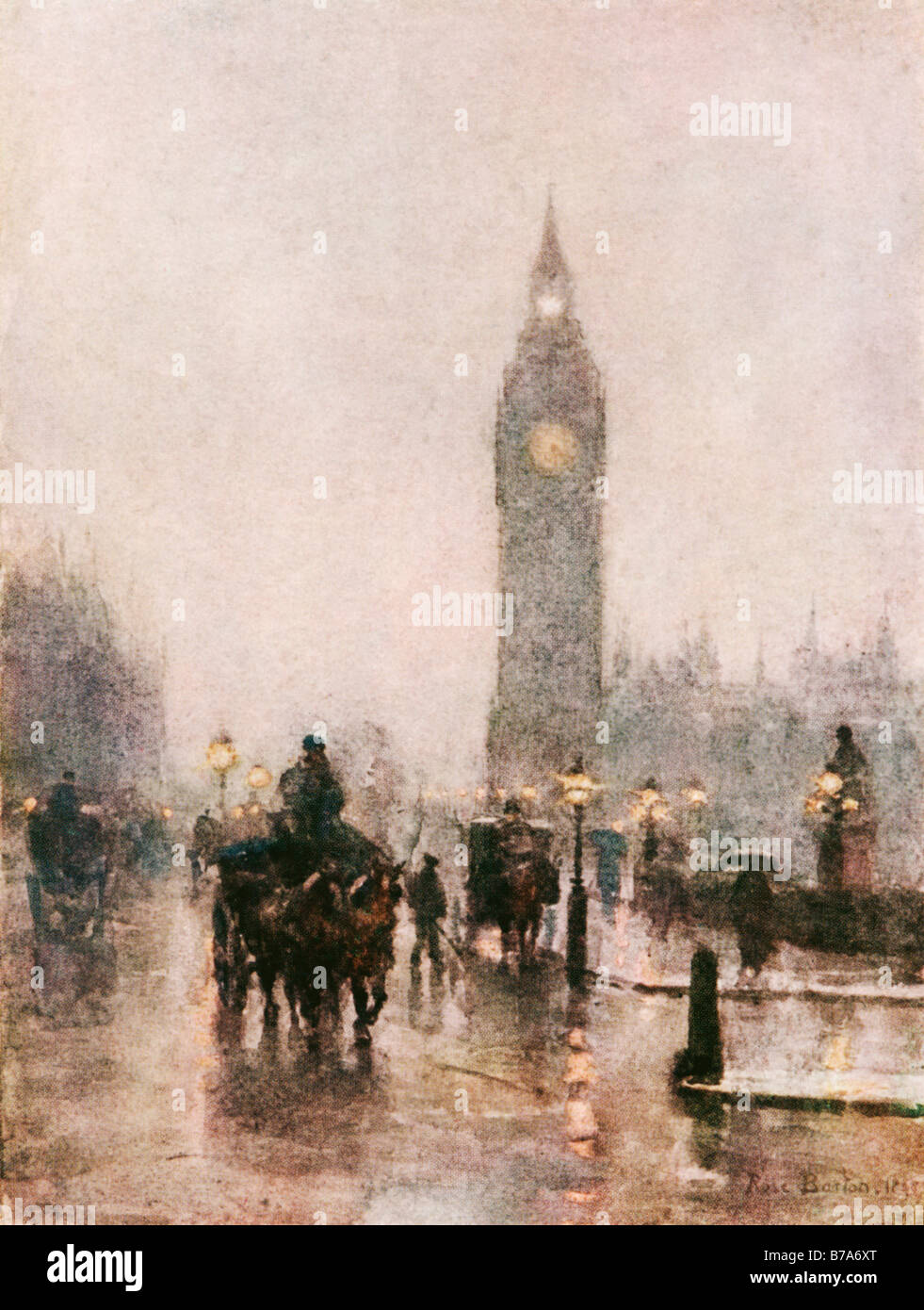 Westminster 1898 dipinto da Rose Barton di una giornata piovosa in piazza del Parlamento Big Ben incombente al di fuori dell'oscurità Foto Stock
