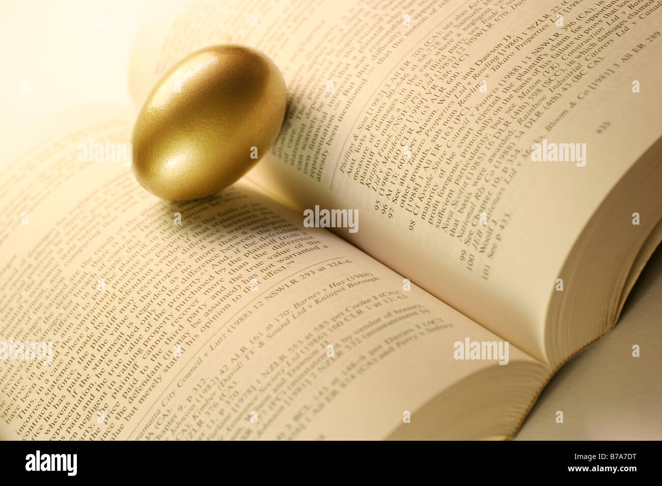Golden Egg equilibrata tra le pagine del libro Foto Stock