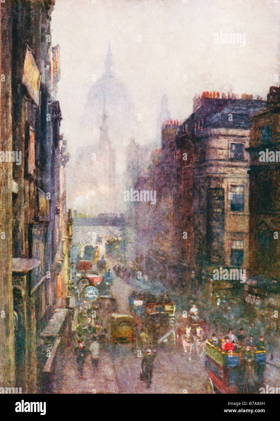 Fleet Street 1901 dipinto da Rose Barton della vista verso Ludgate Circus e alla Cattedrale di St Paul Foto Stock