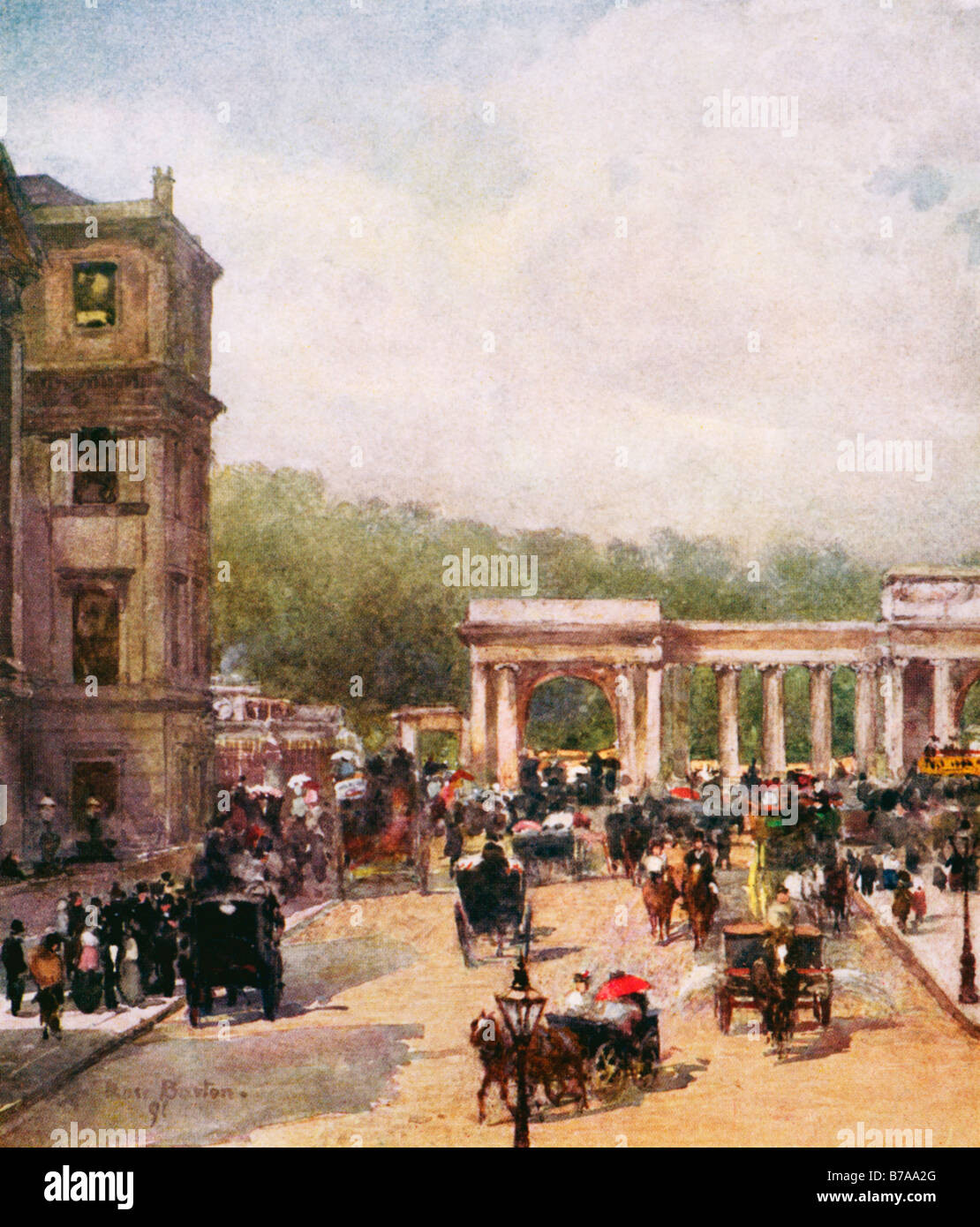 La traversata Hyde Park Corner 1898 dipinto da Rose Barton di una strada trafficata scena nel quartiere alla moda di Londra Foto Stock