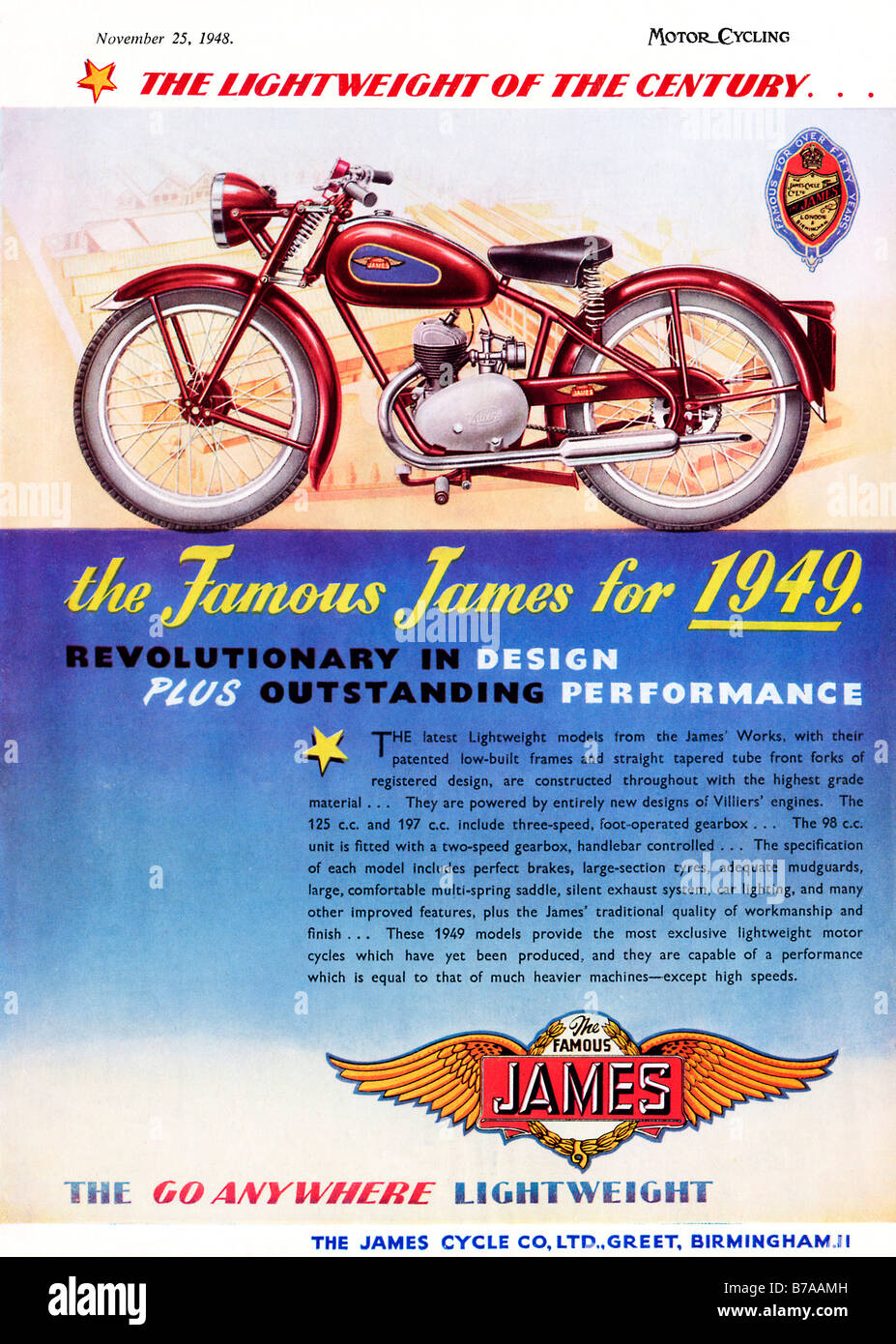 Il famoso James 1948 annuncio pubblicitario per i nuovi modelli 1949 dell'inglese motore leggero Cicli con motori Villiers Foto Stock