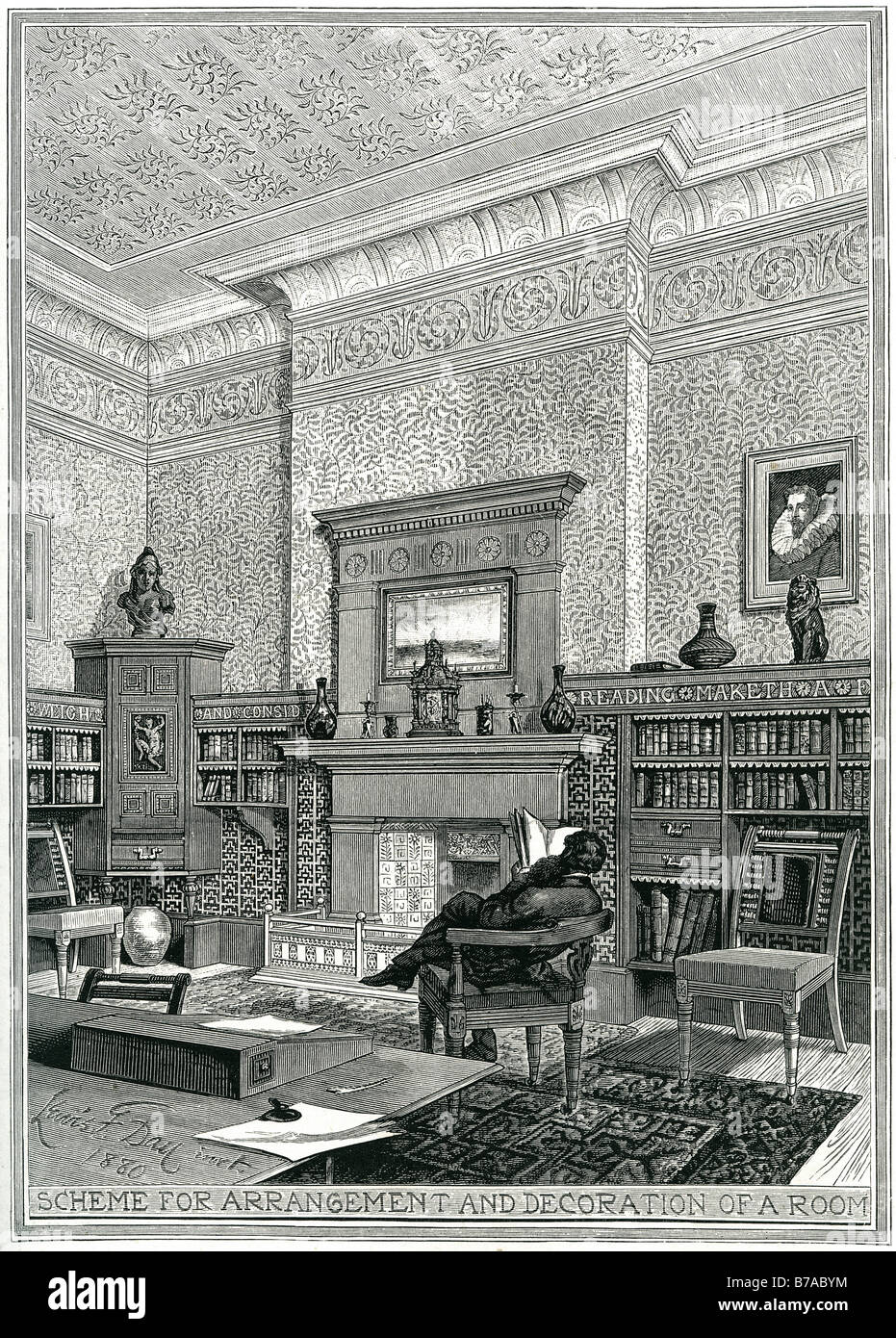 Schema disposizione sala decorazione salone del libro della biblioteca camino mantello arcate uomo seduto lettura ripiani scaffale moquette Foto Stock