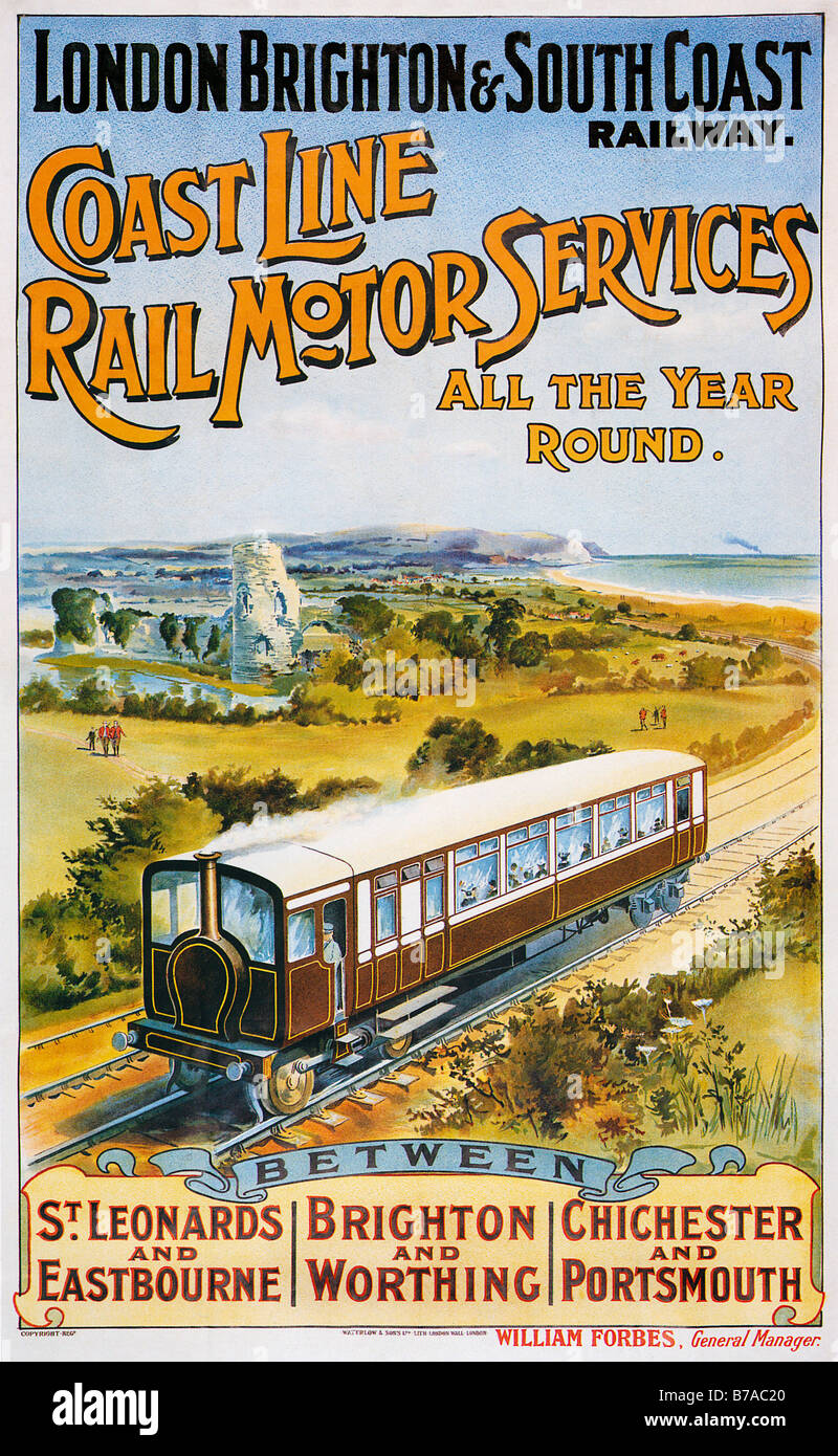 Linea di costa motore Rail Services 1906 poster per la costa del Sussex singola carrozza ferroviaria visto qui passando il Castello di Pevensey Foto Stock