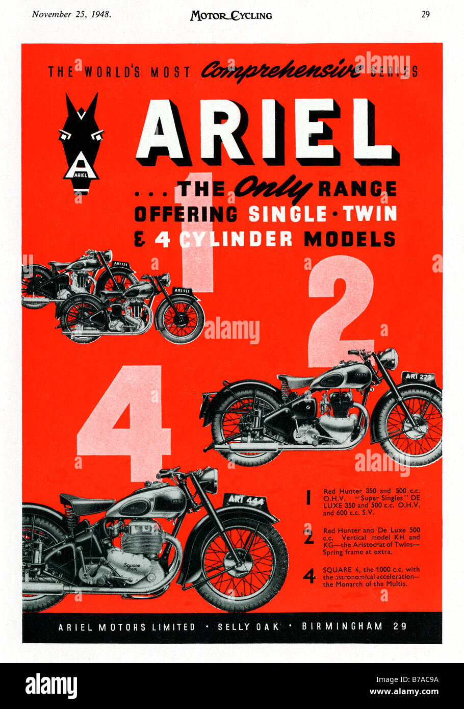 Ariel cicli motore 1948 spot per la gamma di moto inglesi realizzati in Birmingham Foto Stock