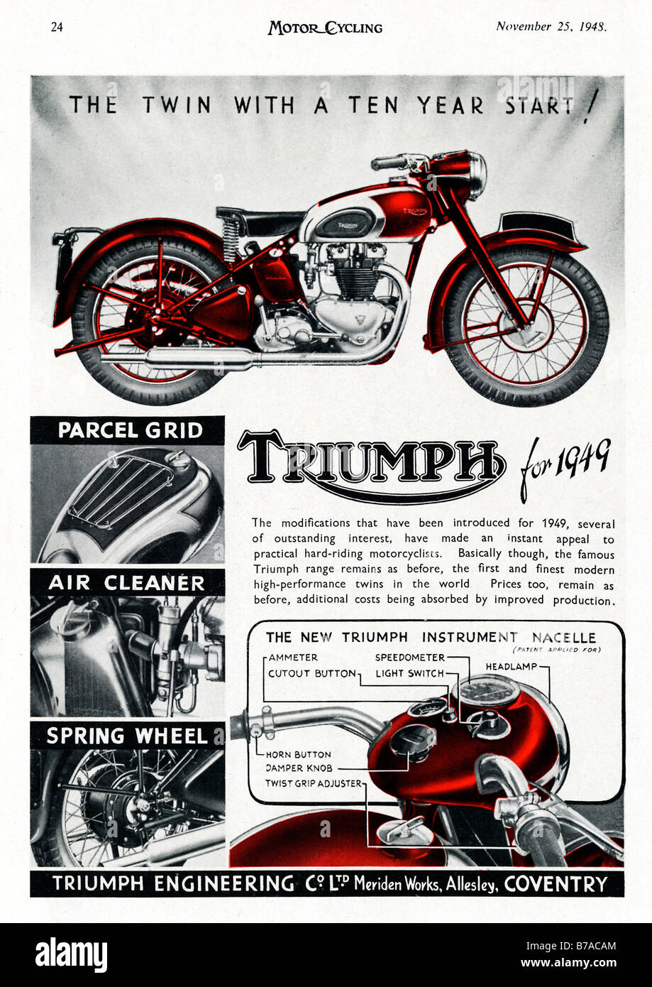 Trionfo 1948 annuncio pubblicitario per il modello 1949 della British twin moto realizzata in Coventry Foto Stock