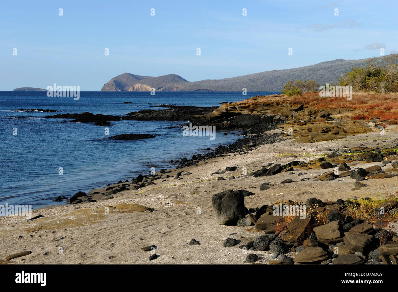 Atmosfera serale a Puerto Egas Bay sull'isola di Santiago, Isole Galapagos, Ecuador, Sud America Foto Stock