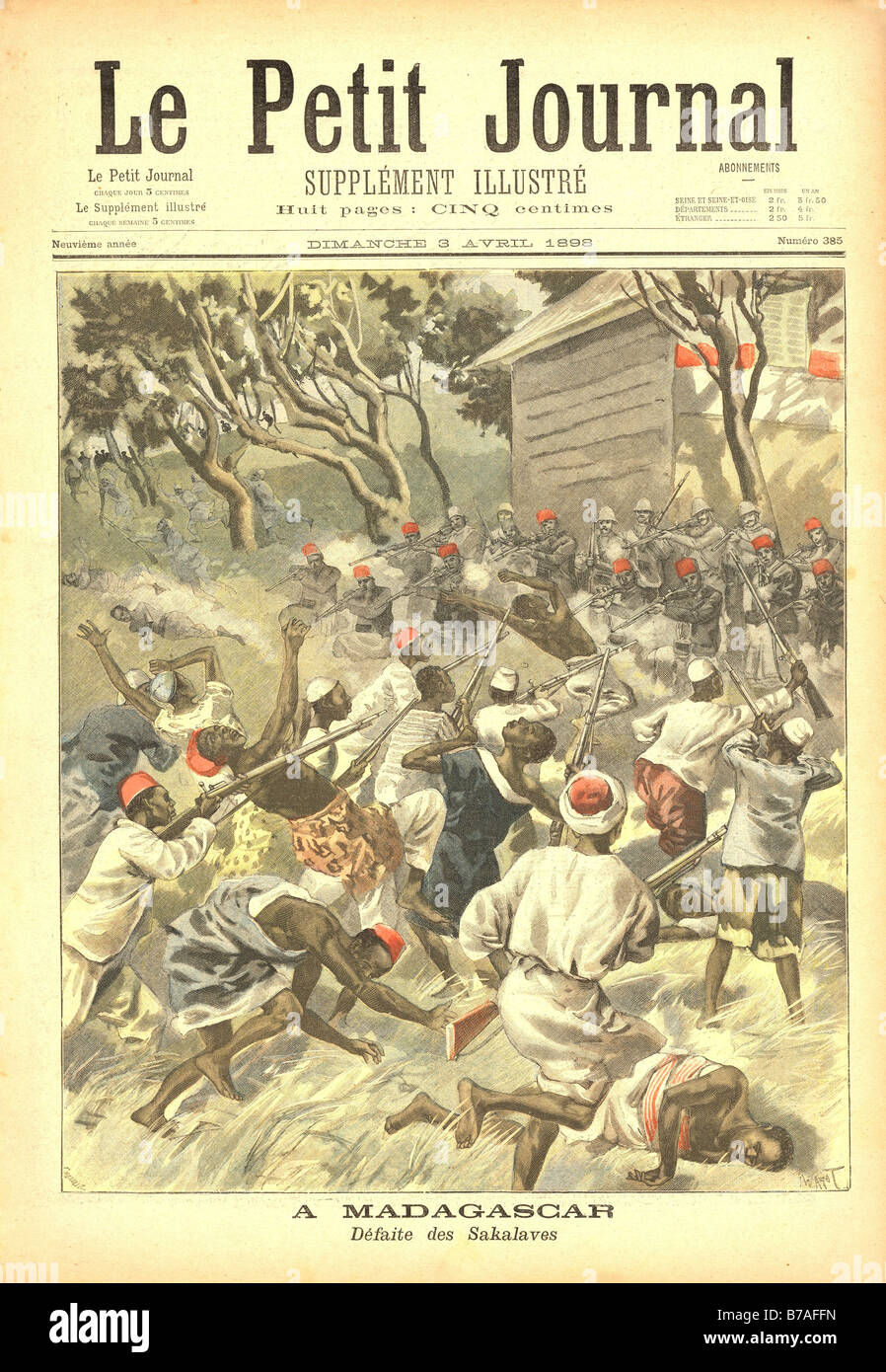Un 1898 Illustrazione di una battaglia tra Sakalava nativi e militare francese durante la colonizzazione del Madagascar Foto Stock