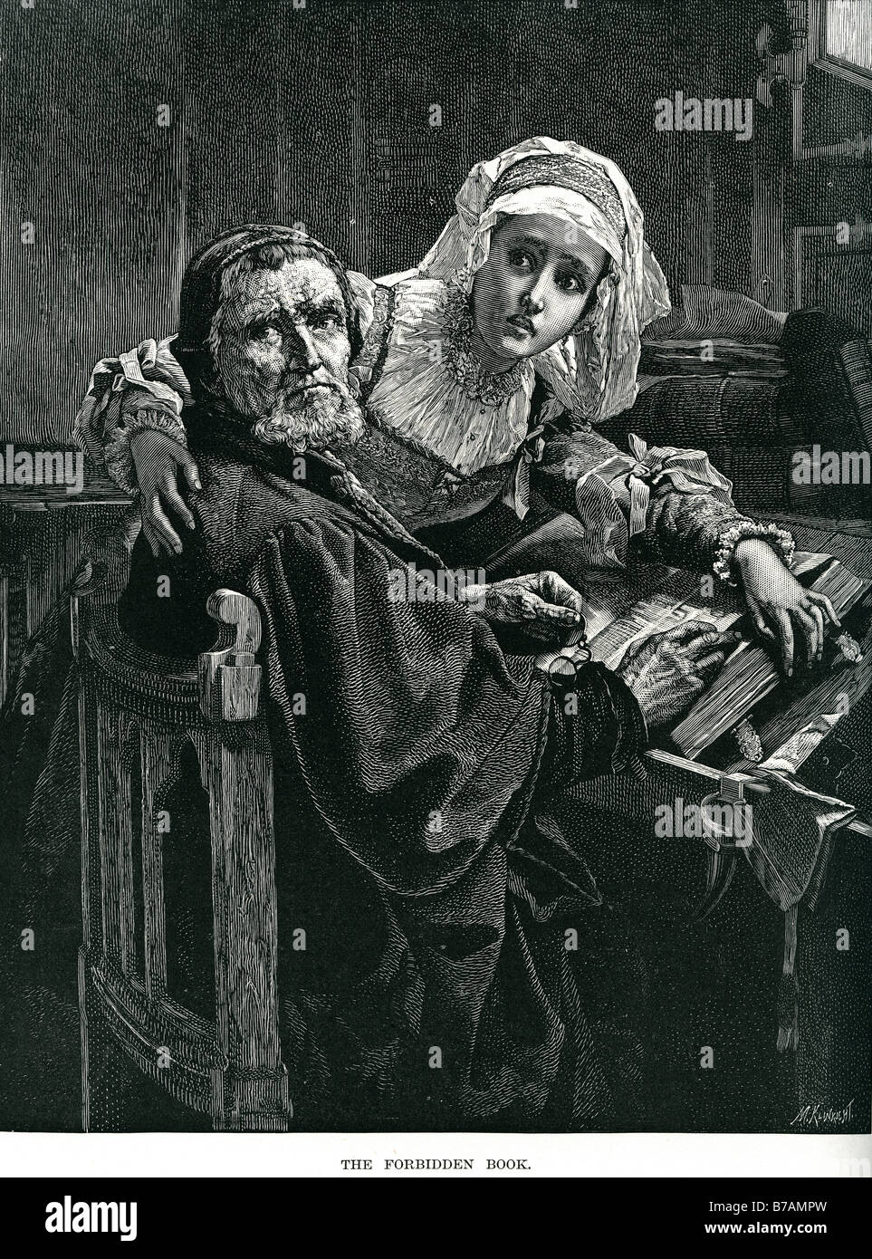 Vietato libro man ragazza prenota male Naughty Karel Ooms (fiammingo, 1845-1900) lettura uomo donna in costume tradizionale Foto Stock