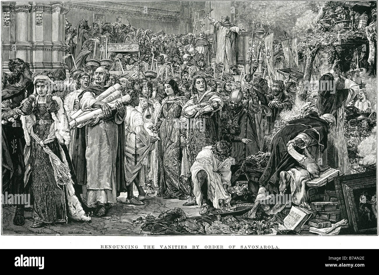 Rinunciando alla vanità fine savonarola prenota scorrere il caos della folla gridando parlando la predicazione Foto Stock