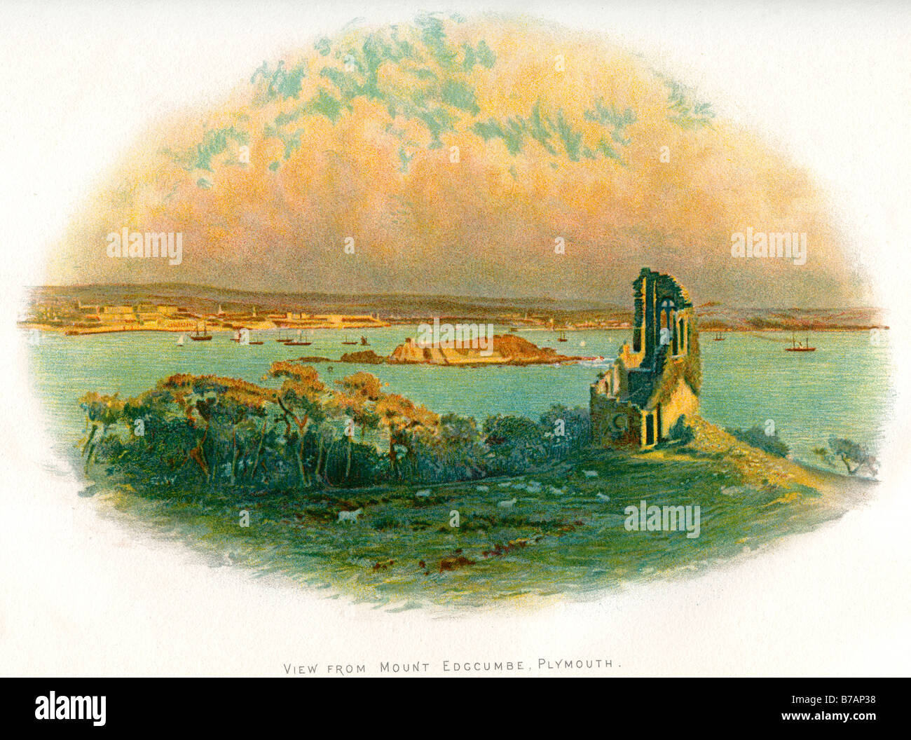 Visualizzare mount edgcumbe plymouth rovina l'acqua di trasporto commerciale sulla costa della baia di vela barca a remi dock porta mare oceano Foto Stock