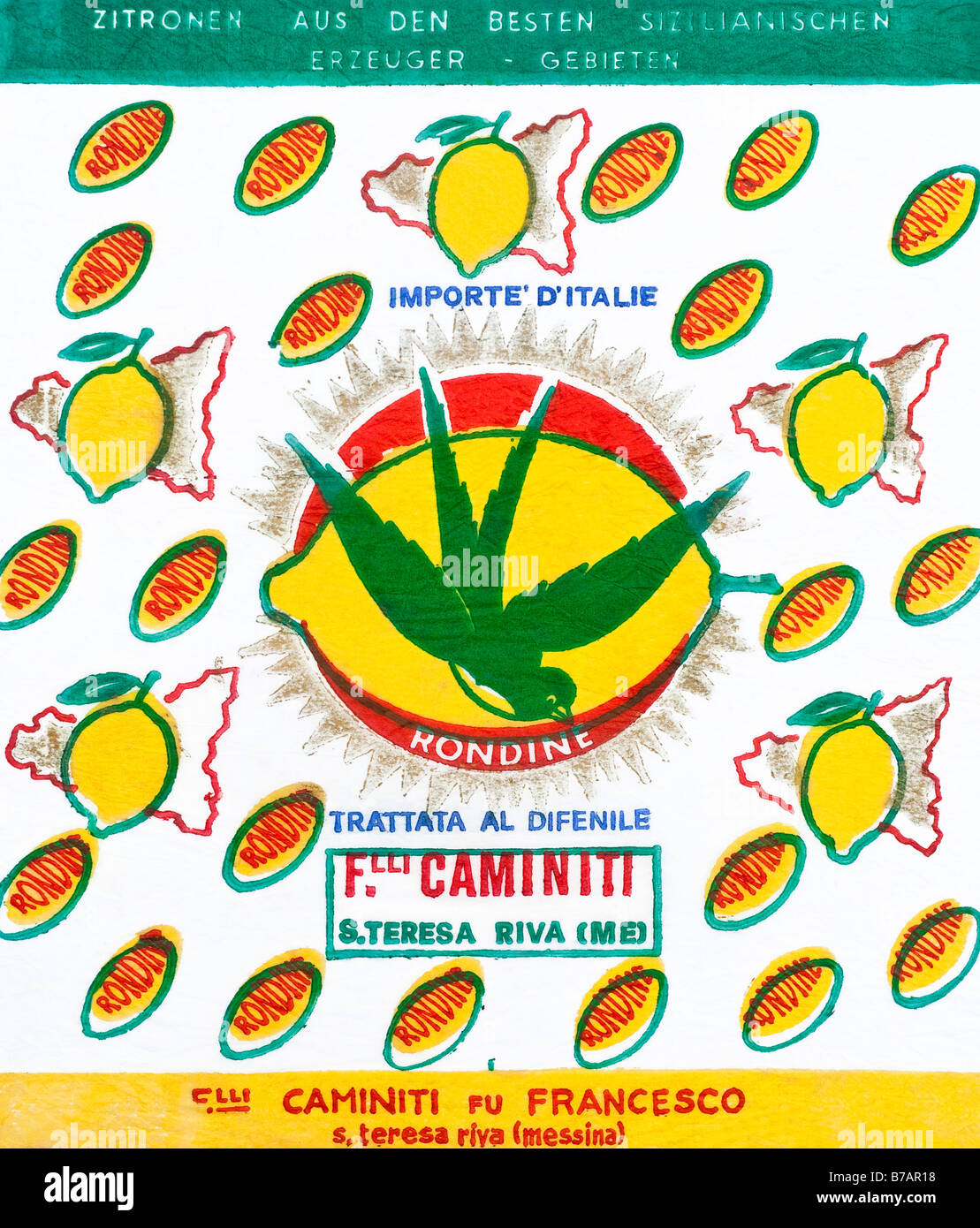 Figurati stampato / agrumi wrapper da Italia - Swallow illustrazione su carta velina. Foto Stock