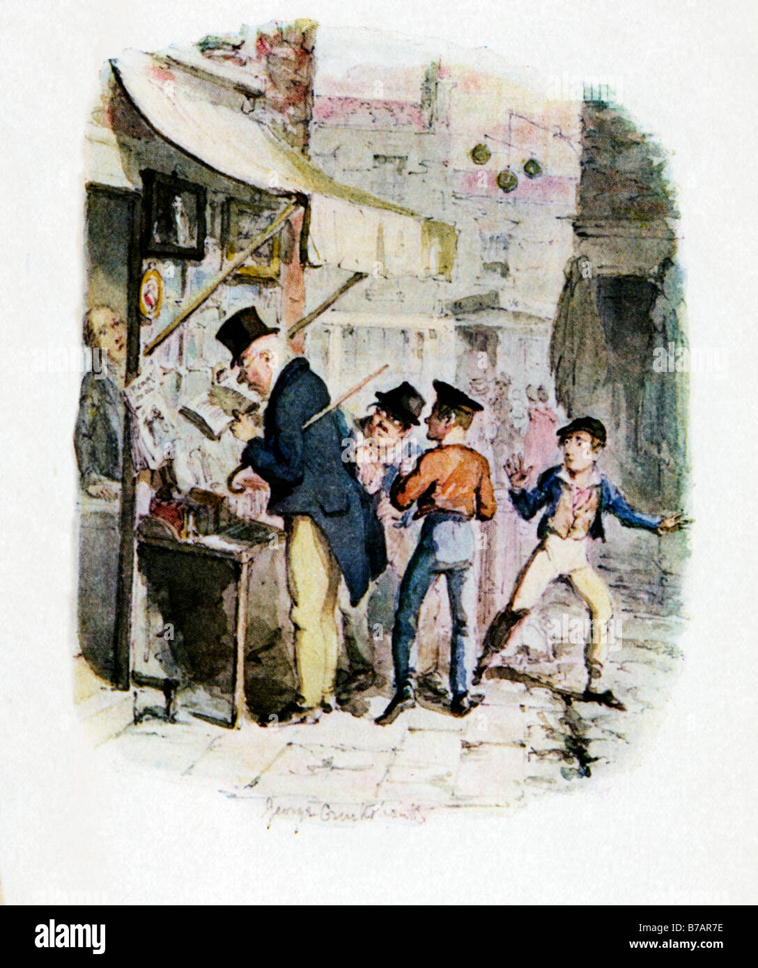 Oliver Twist Oliver vede Dodger al lavoro originale di illustrazione di George Cruikshank per il romanzo di Dickens del 1837 1839 Foto Stock