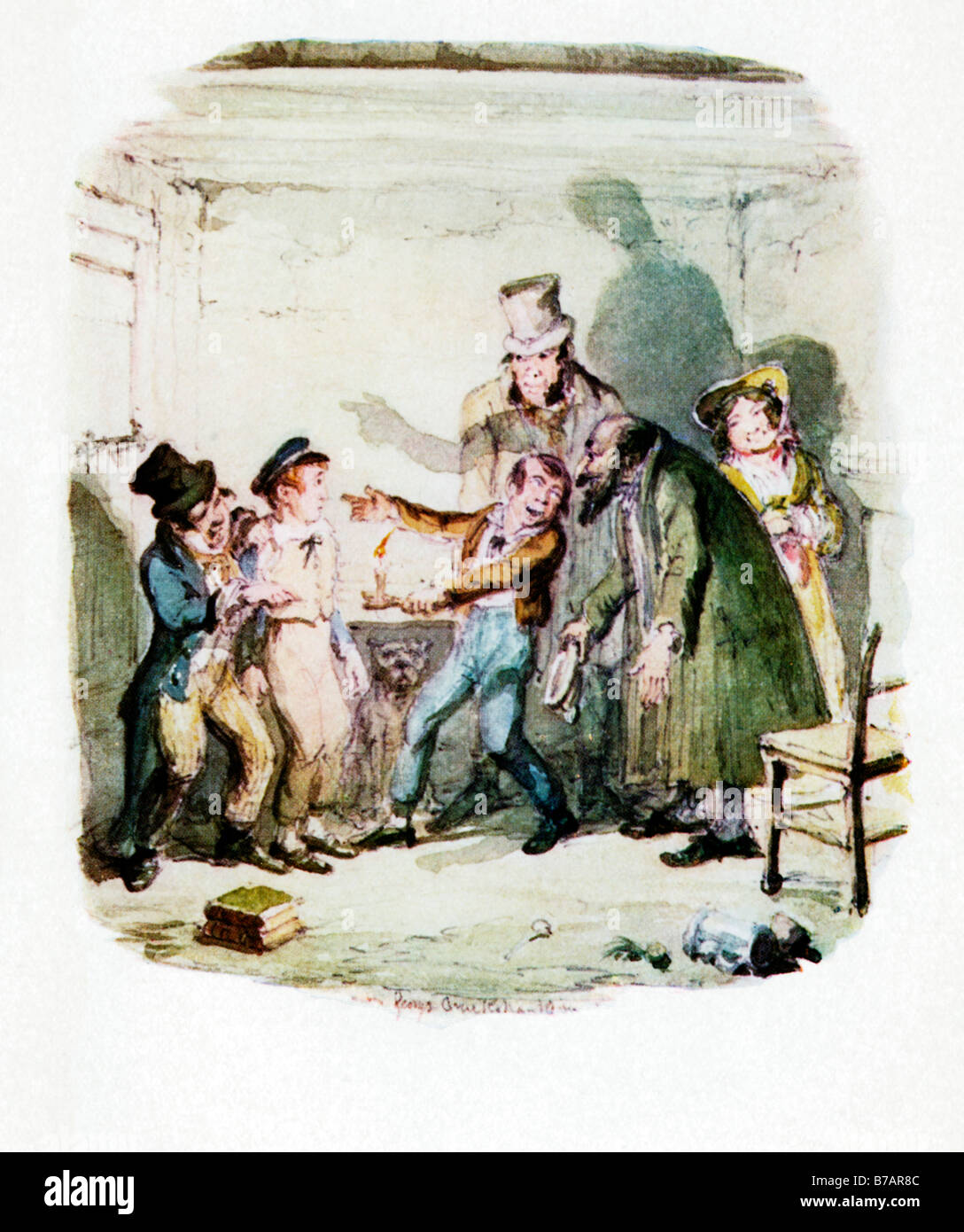 Oliver Twist torna a Fagin e i ragazzi illustrazione originale da George Cruikshank per il romanzo di Dickens del 1837 1839 Foto Stock