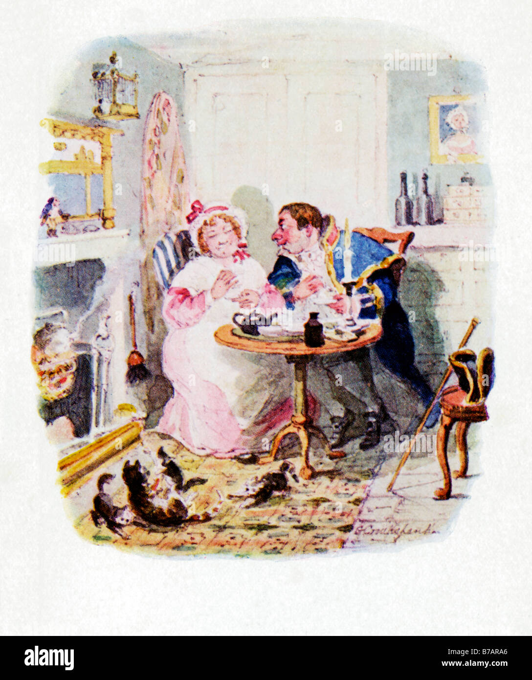 Oliver Twist Signor Bumble e onorevole Corney prendendo tè illustrazione originale da George Cruikshank per il romanzo di Dickens del 1837 1839 Foto Stock