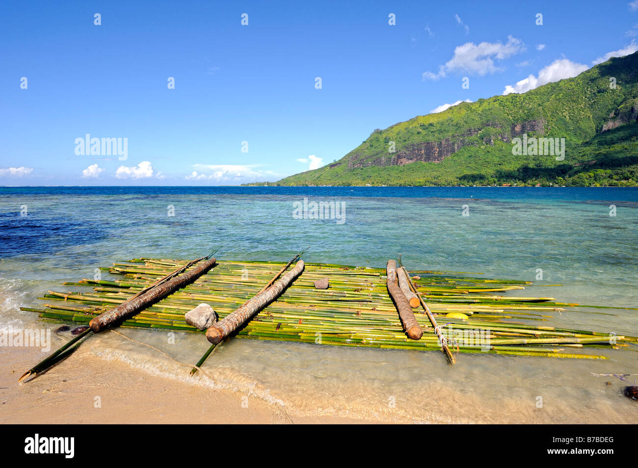 Zattera di bambù lungo la spiaggia di baia Opunohu, Moorea, Polinesia Francese Foto Stock