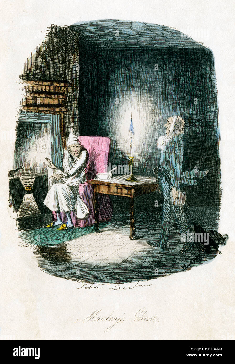 A Christmas Carol Marleys Ghost illustrazione di John Leech per la Charles Dickens libro come Scrooge riceve una scossa Foto Stock
