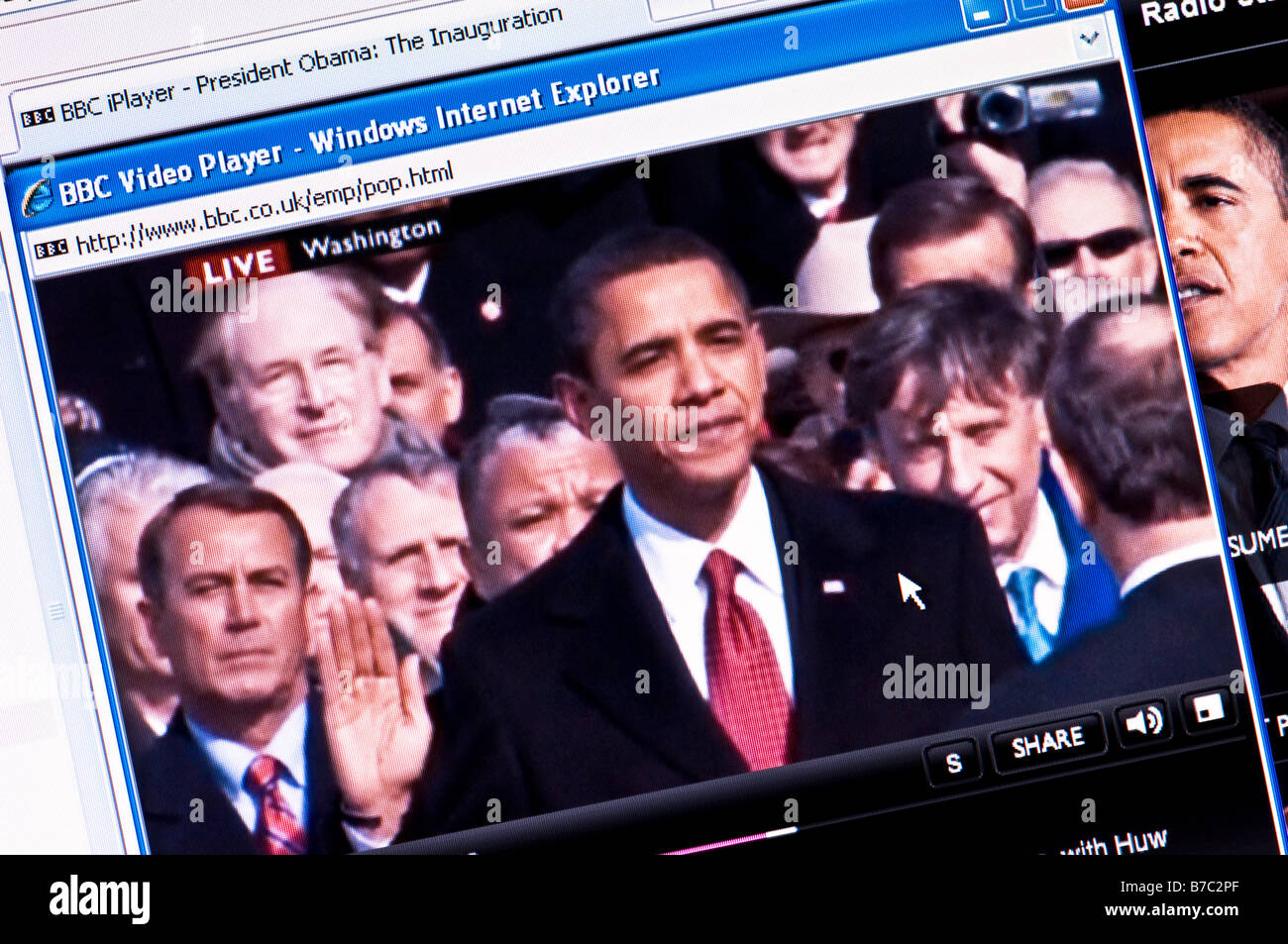 Screenshot della BBC copertura internet della cerimonia di insediamento del Presidente Barack Obama - milioni di persone hanno guardato online (solo uso editoriale) Foto Stock
