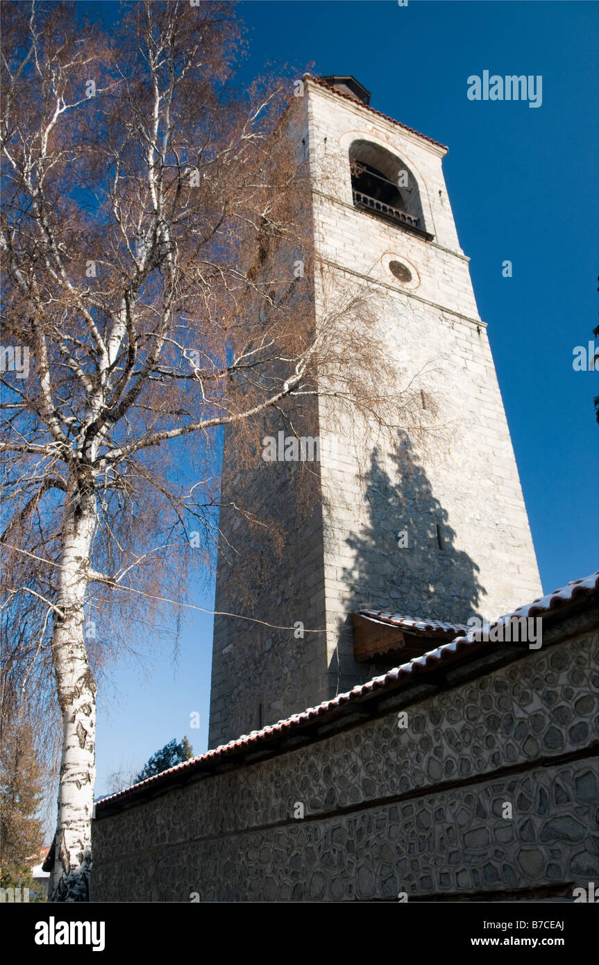 La torre dell'orologio di Sveta Troista Chiesa, Bansko, Bulgaria Foto Stock