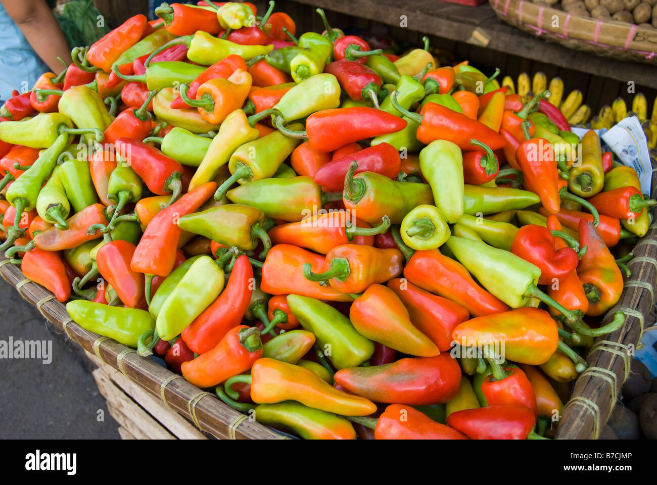 Cesto pieno di peperoni, mercato del carbonio, centro di Cebu City Cebu, Visayas, Filippine Foto Stock